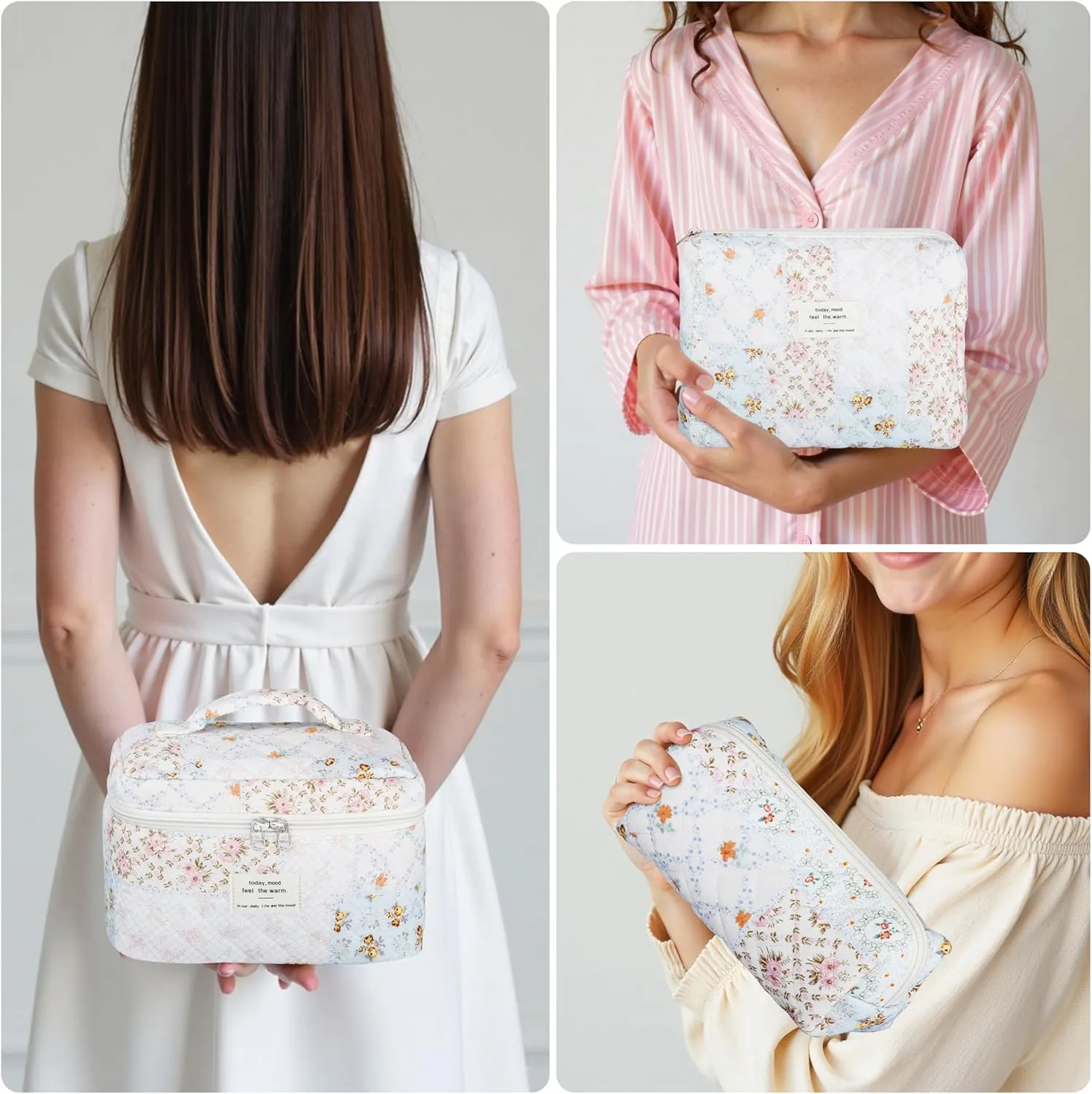 Quilted Makeup Bag Set - 3 PCS Cute Floral Cotton Makeup Bag, Large Coquette Aesthetic Make up Cosmetic Bag, Flower Travel Toiletry Organizer Bags for Women Girls