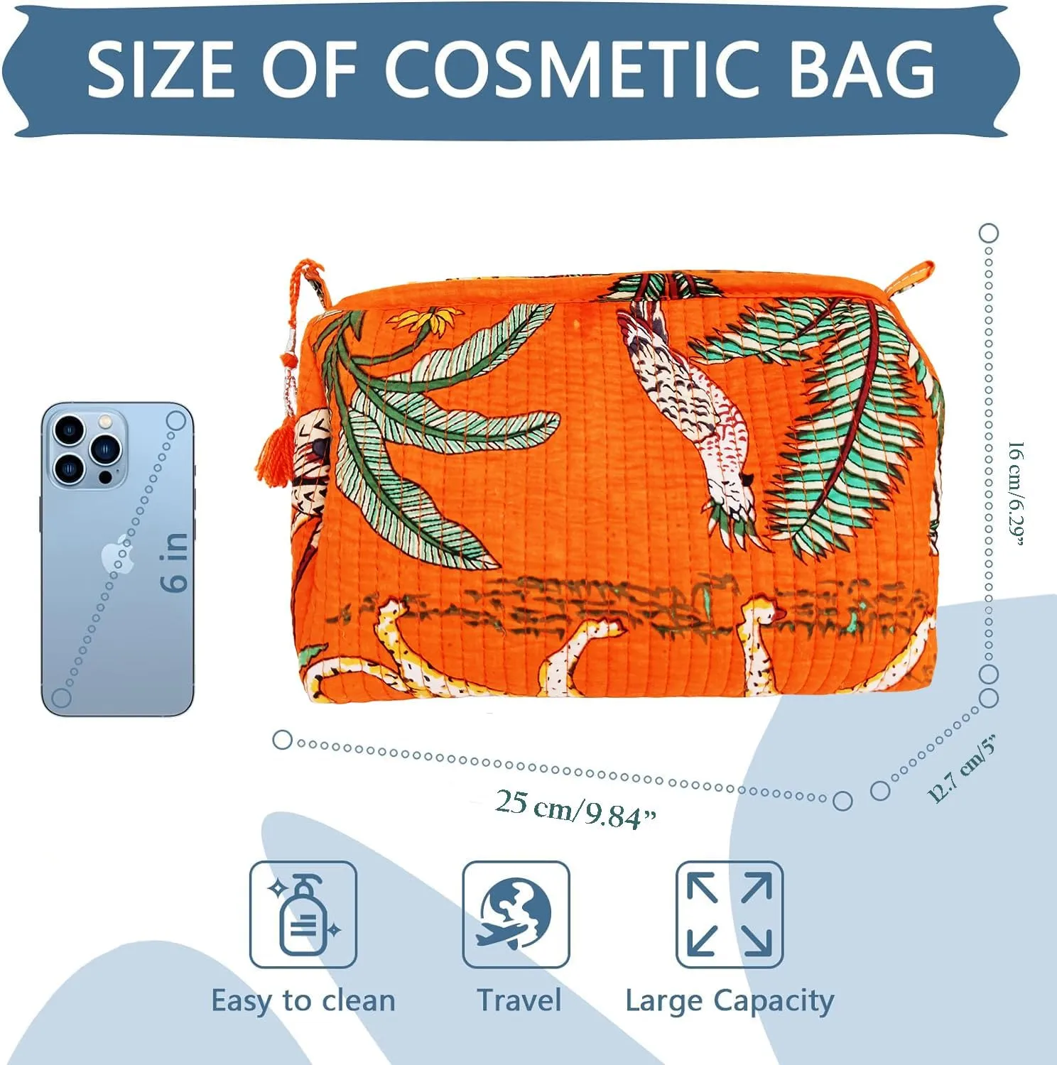 Rastogi Handicrafts Cosmetic Bags Set, 3 Piece Make Up Organizer Bag Storage Bags with Zipper Closure (3, Orange, Design-3)