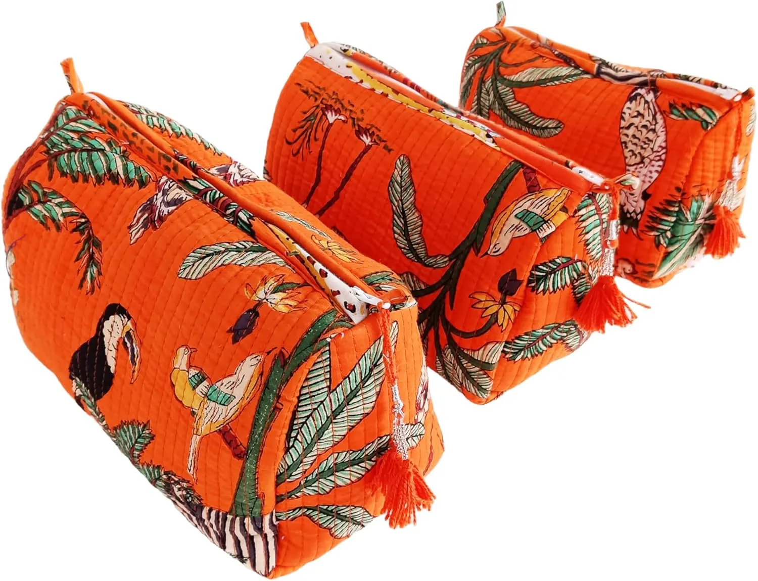 Rastogi Handicrafts Cosmetic Bags Set, 3 Piece Make Up Organizer Bag Storage Bags with Zipper Closure (3, Orange, Design-3)