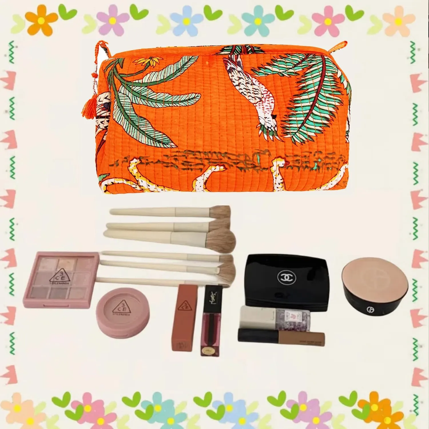 Rastogi Handicrafts Cosmetic Bags Set, 3 Piece Make Up Organizer Bag Storage Bags with Zipper Closure (3, Orange, Design-3)