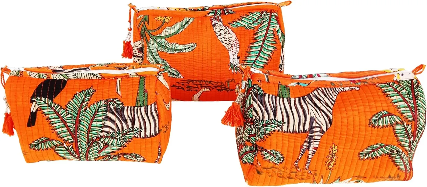 Rastogi Handicrafts Cosmetic Bags Set, 3 Piece Make Up Organizer Bag Storage Bags with Zipper Closure (3, Orange, Design-3)