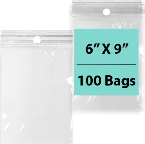 Reclosable Hang Hole Poly Bags - 6 x 9 & (100 Bags) 2 Mil Clear Plastic with Resealable Lock Seal Zipper | Durable Poly Baggies | Resealable Zip Top Lock For Jewelry, Storage, Packaging & Shipping
