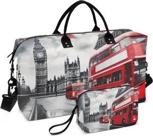 Red Double Decker London Travel Duffle Bag Quilt Gym Bag Carry On Bag Weekender Bags Overnight Bag with Make Up Bag for Women Ladies Airplane Trip Travel Essentials Gifts