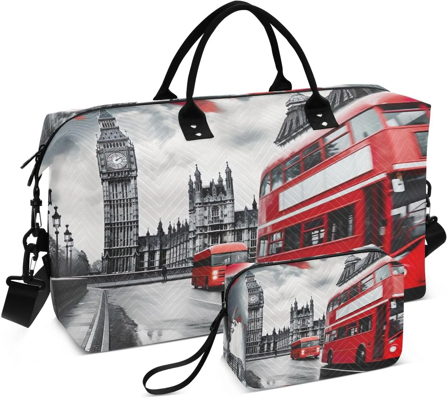 Red Double Decker London Travel Duffle Bag Quilt Gym Bag Carry On Bag Weekender Bags Overnight Bag with Make Up Bag for Women Ladies Airplane Trip Travel Essentials Gifts