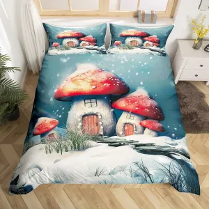 Red Mushroom Bedding Set,Snowy Scene Fairy Cottage Comforter Cover Kids Child,Mysterious Cabin Jungle Duvet Cover,Snowflake Mushrooms And Fern Plant On Winter Meadow Bedroom Decor Twin Size