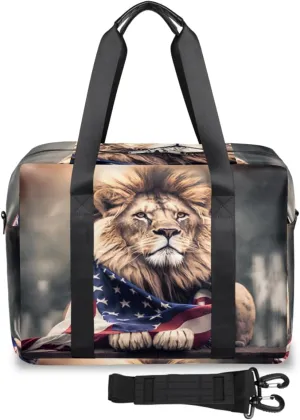 Regal Lion American Flag Womens Travel Bags, Weekender Carry on for Women, Sports Gym Bag, Workout Duffel bag, Overnight Shoulder Bag