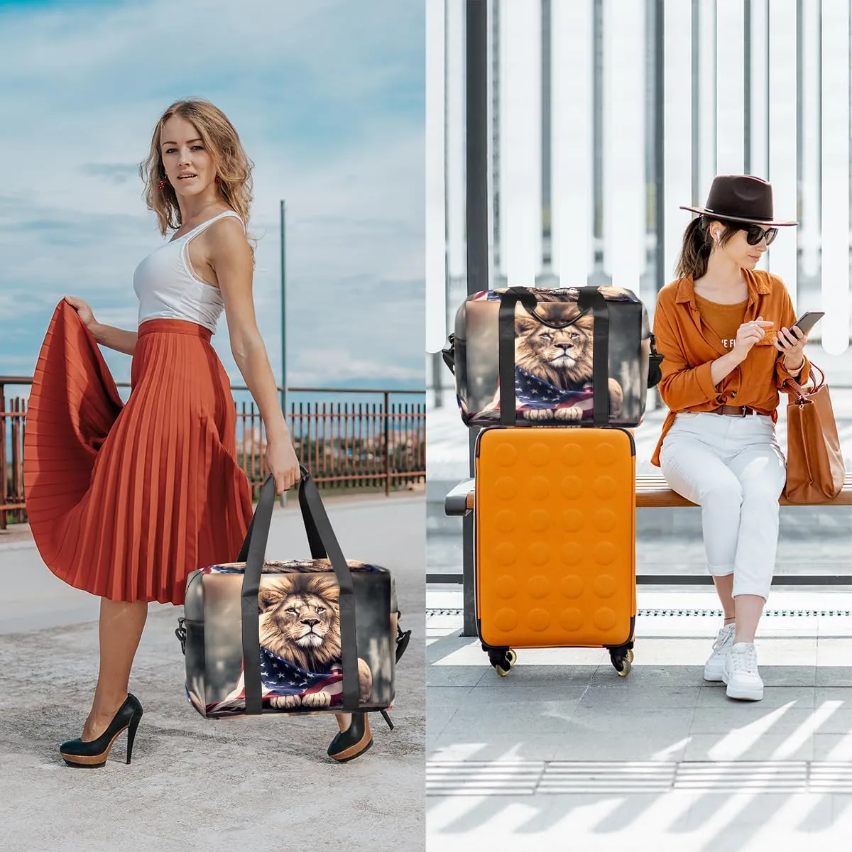 Regal Lion American Flag Womens Travel Bags, Weekender Carry on for Women, Sports Gym Bag, Workout Duffel bag, Overnight Shoulder Bag