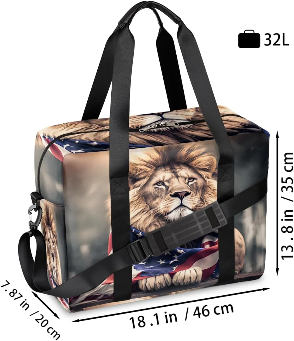 Regal Lion American Flag Womens Travel Bags, Weekender Carry on for Women, Sports Gym Bag, Workout Duffel bag, Overnight Shoulder Bag