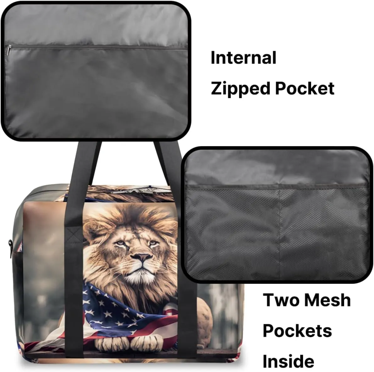 Regal Lion American Flag Womens Travel Bags, Weekender Carry on for Women, Sports Gym Bag, Workout Duffel bag, Overnight Shoulder Bag