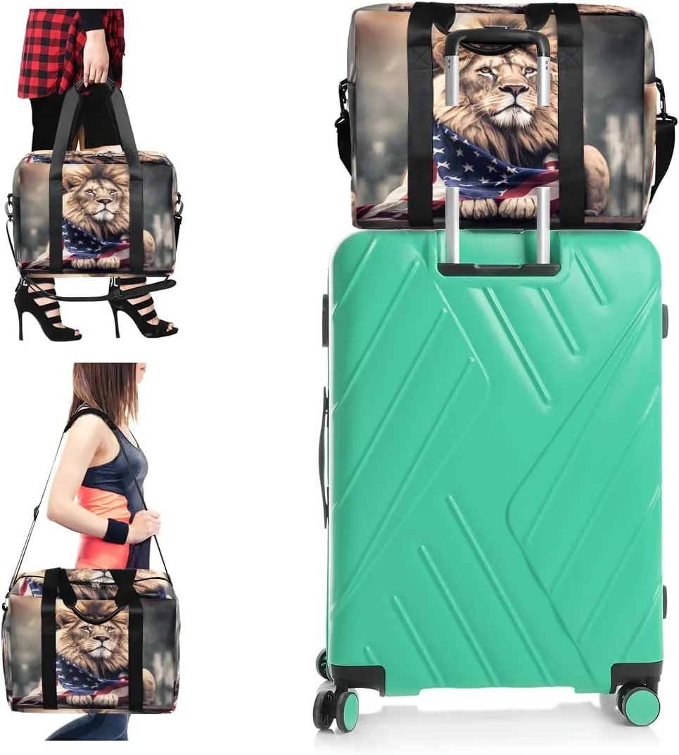 Regal Lion American Flag Womens Travel Bags, Weekender Carry on for Women, Sports Gym Bag, Workout Duffel bag, Overnight Shoulder Bag