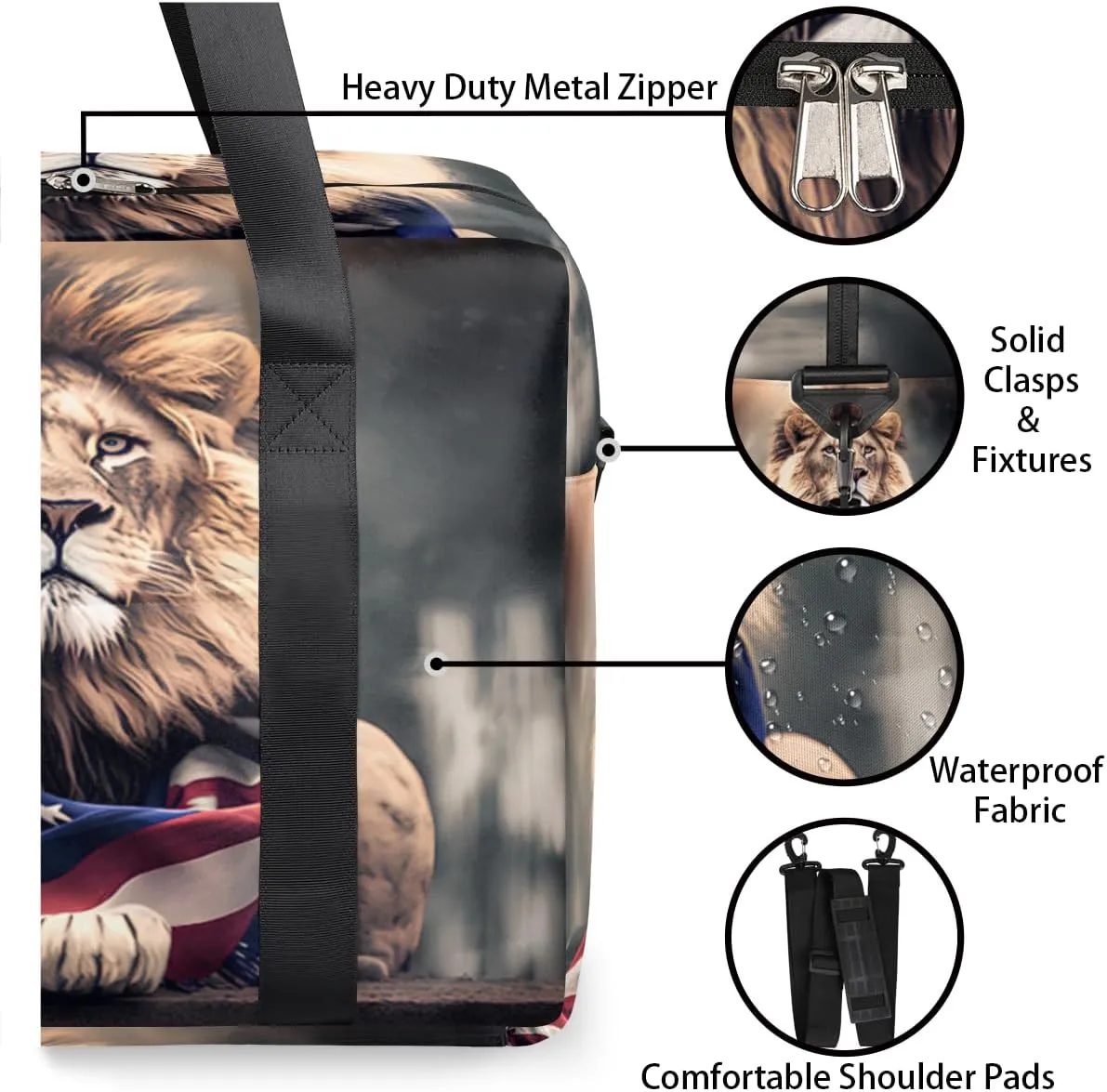 Regal Lion American Flag Womens Travel Bags, Weekender Carry on for Women, Sports Gym Bag, Workout Duffel bag, Overnight Shoulder Bag