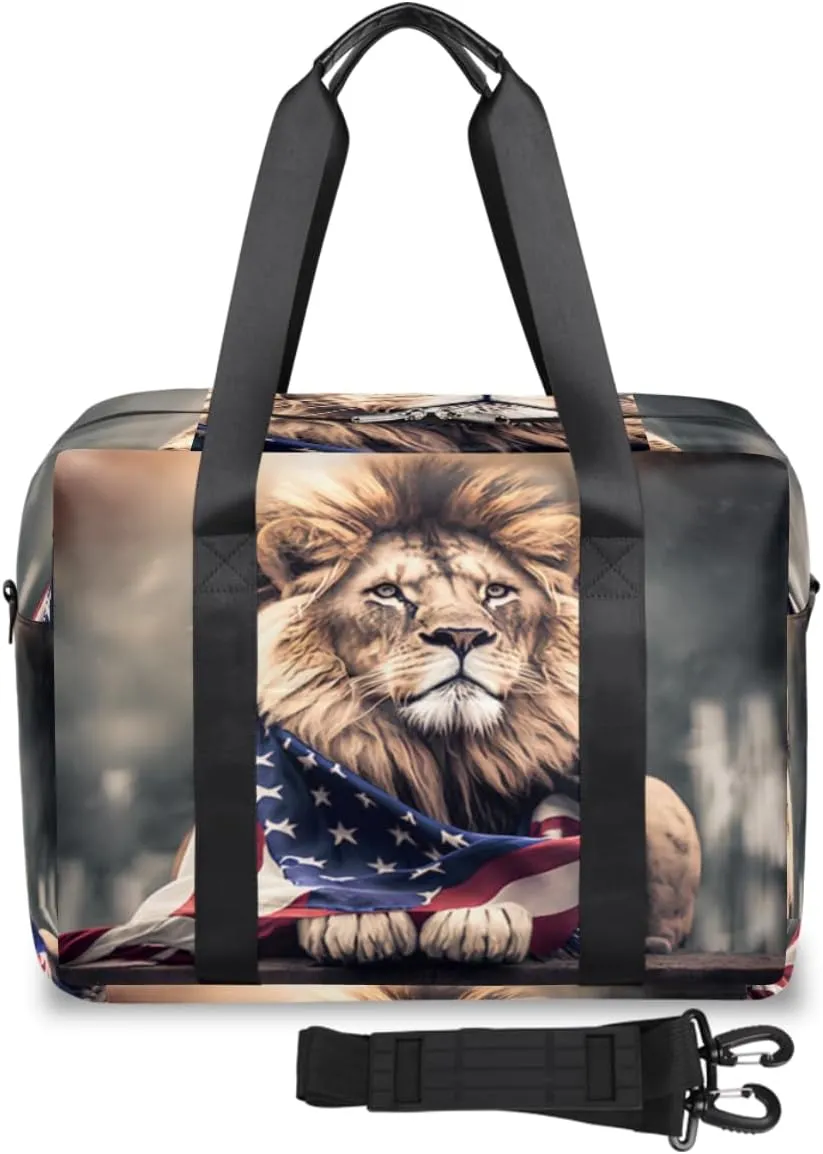 Regal Lion American Flag Womens Travel Bags, Weekender Carry on for Women, Sports Gym Bag, Workout Duffel bag, Overnight Shoulder Bag