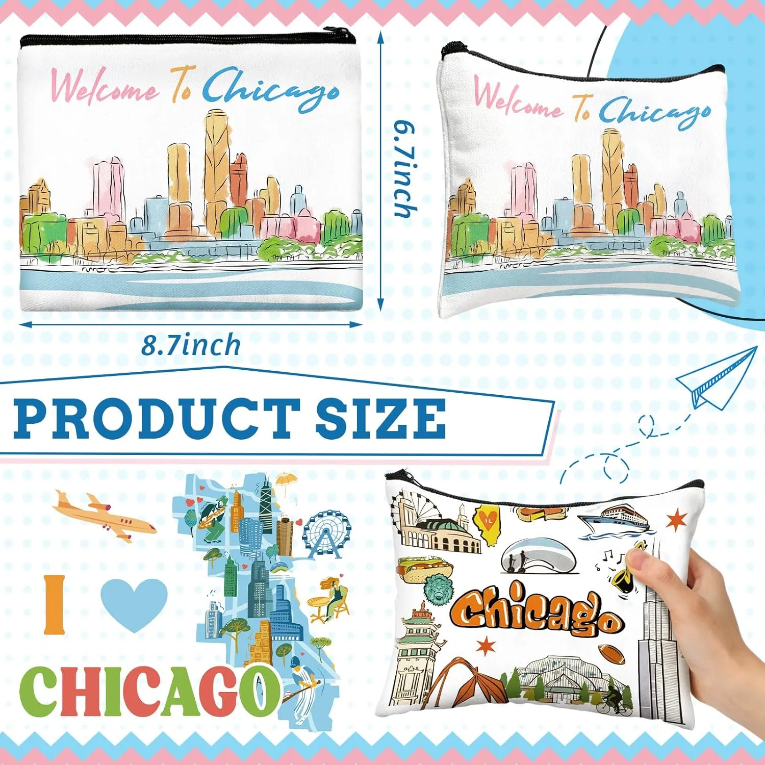 Reginary 9 Pcs City Cosmetic Bag USA City Souvenir Gifts Texas Makeup Bag Chicago Texas Florida Souvenirs Makeup Purse for Women Girls Traveler Birthday Christmas Favors(Chicago)