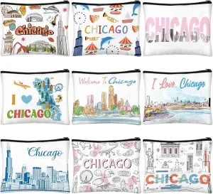 Reginary 9 Pcs City Cosmetic Bag USA City Souvenir Gifts Texas Makeup Bag Chicago Texas Florida Souvenirs Makeup Purse for Women Girls Traveler Birthday Christmas Favors(Chicago)