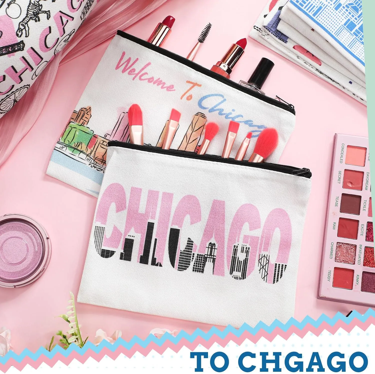 Reginary 9 Pcs City Cosmetic Bag USA City Souvenir Gifts Texas Makeup Bag Chicago Texas Florida Souvenirs Makeup Purse for Women Girls Traveler Birthday Christmas Favors(Chicago)