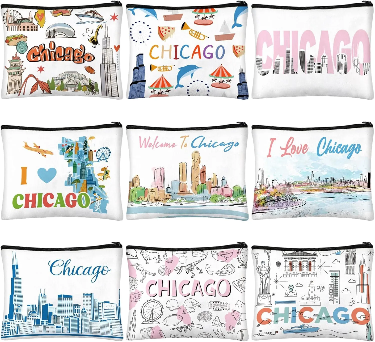 Reginary 9 Pcs City Cosmetic Bag USA City Souvenir Gifts Texas Makeup Bag Chicago Texas Florida Souvenirs Makeup Purse for Women Girls Traveler Birthday Christmas Favors(Chicago)