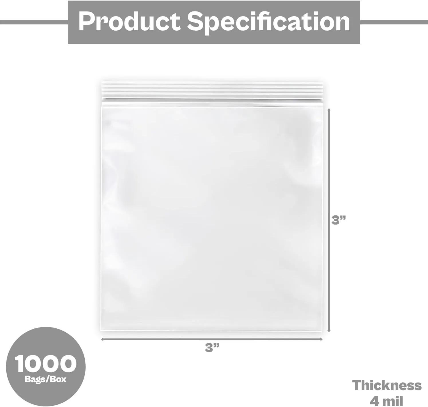 Resealable Poly Bags for Storage, 3 x 3 Inch, 1000 Pack, 4 Mil, Zipper Lock Closure, Reclosable Plastic Zip Bags