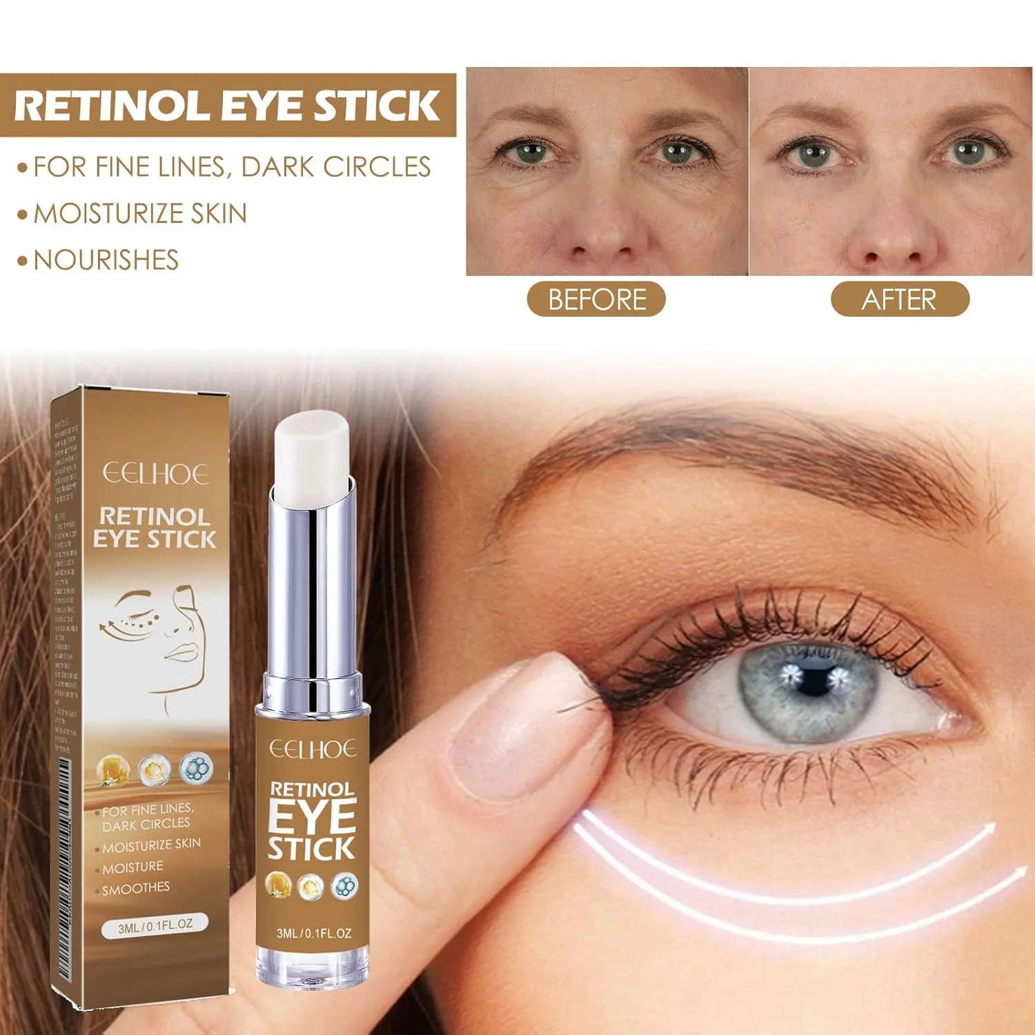 Retinol Eye Stick With Collagen,Retinol Eye Cream,Hyaluronic Acid For Dark Circle,Wrinkles in 3-4 Weeks,Under Eye Cream Anti Aging,For Puffiness and Bags Reduces Fine Lines 3ml (2 Pcs)