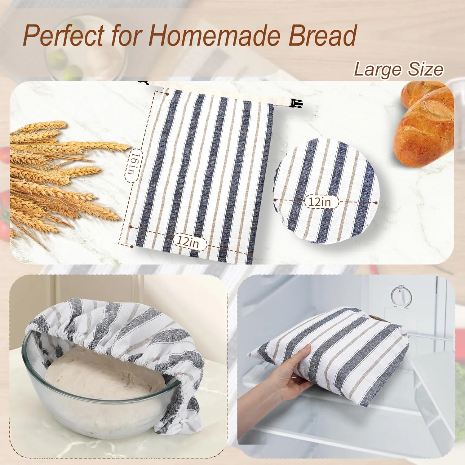 Reusable Linen Bread Bags for Homemade Bread Sourdough with Bowl Covers, Storage Large Proofing Bread Bags with Plastic Lined [16"x 12"]