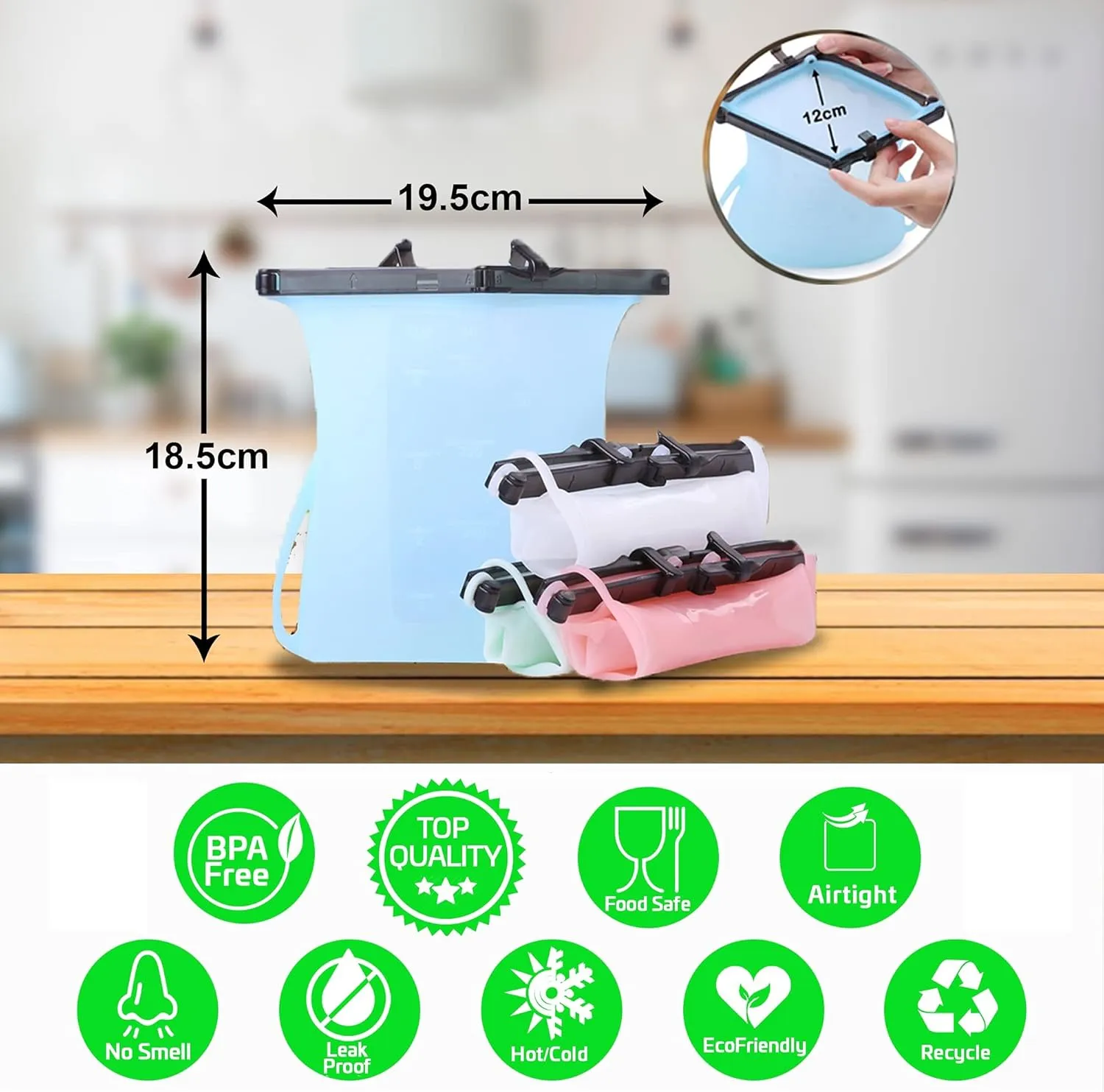 Reusable Silicone Food Bag Odorless Dishwasher Safe No Pop Open Leakproof Snack Bags Stand-Up Easy Dry Flat Bottom Freezer Food Storage Bag Best Ziplock Bags Alternative For Meats, Marinates