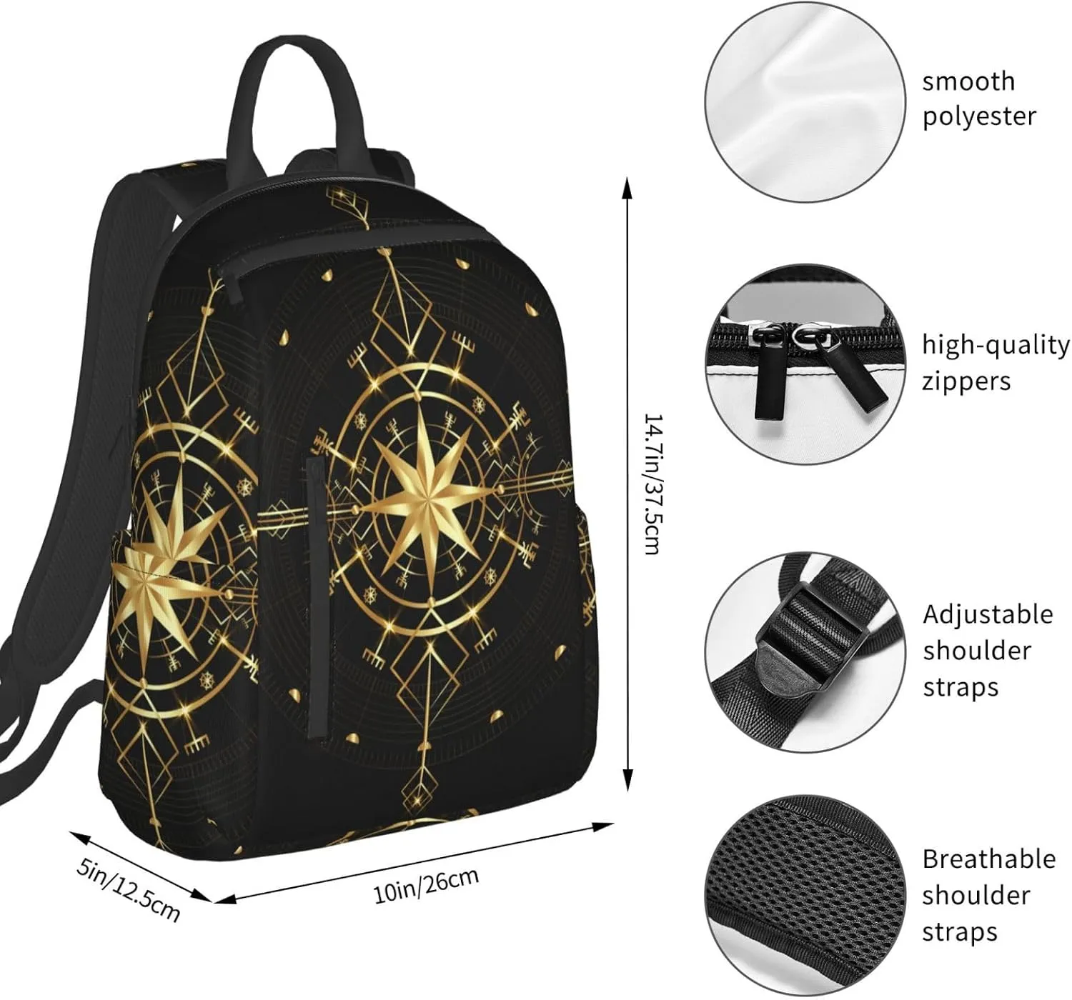 RIMENCH Men's Backpack Multipurpose ancient viking vegvisir art wind rose magic navigation Gold Compass Laptop Backpack Stylish Daypack Durable Book Bags For Sports, Outdoors, Running, Travel, Hiking