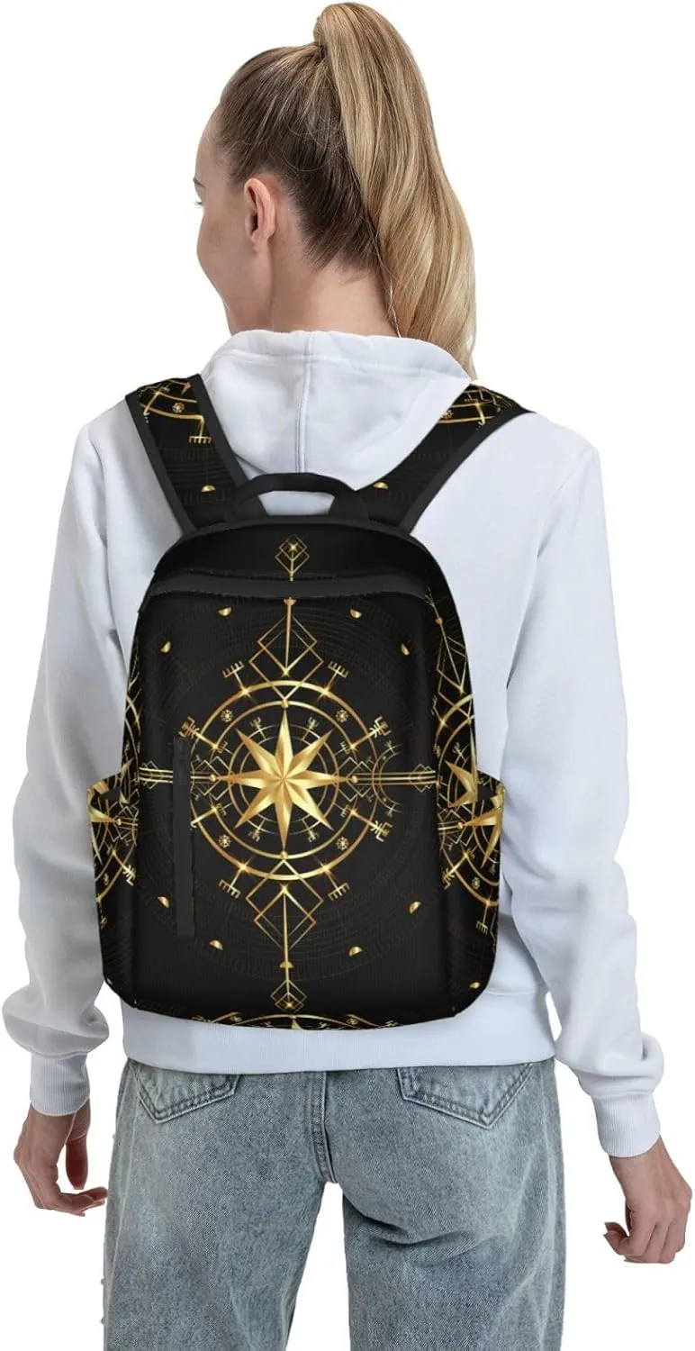 RIMENCH Men's Backpack Multipurpose ancient viking vegvisir art wind rose magic navigation Gold Compass Laptop Backpack Stylish Daypack Durable Book Bags For Sports, Outdoors, Running, Travel, Hiking