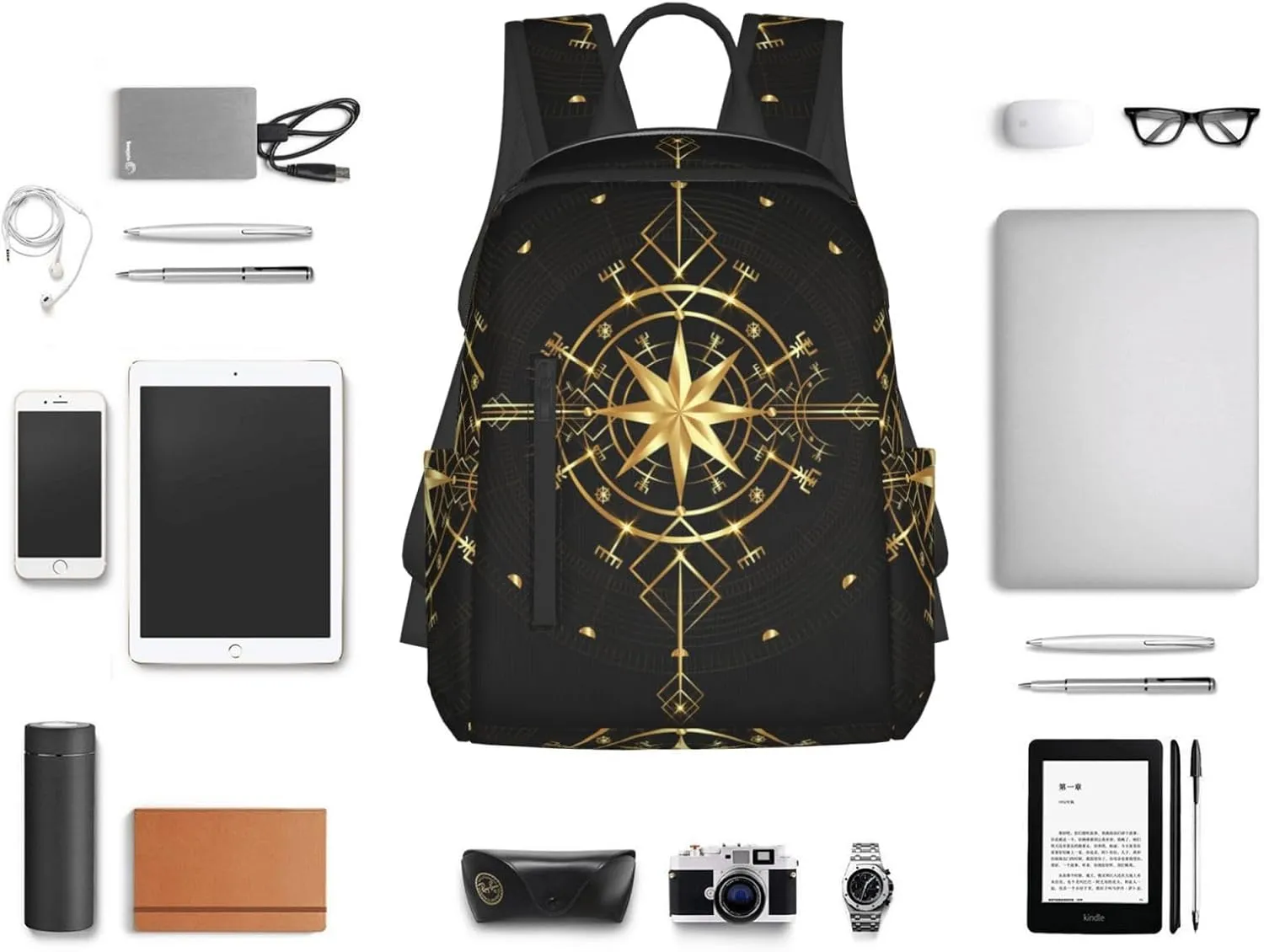 RIMENCH Men's Backpack Multipurpose ancient viking vegvisir art wind rose magic navigation Gold Compass Laptop Backpack Stylish Daypack Durable Book Bags For Sports, Outdoors, Running, Travel, Hiking