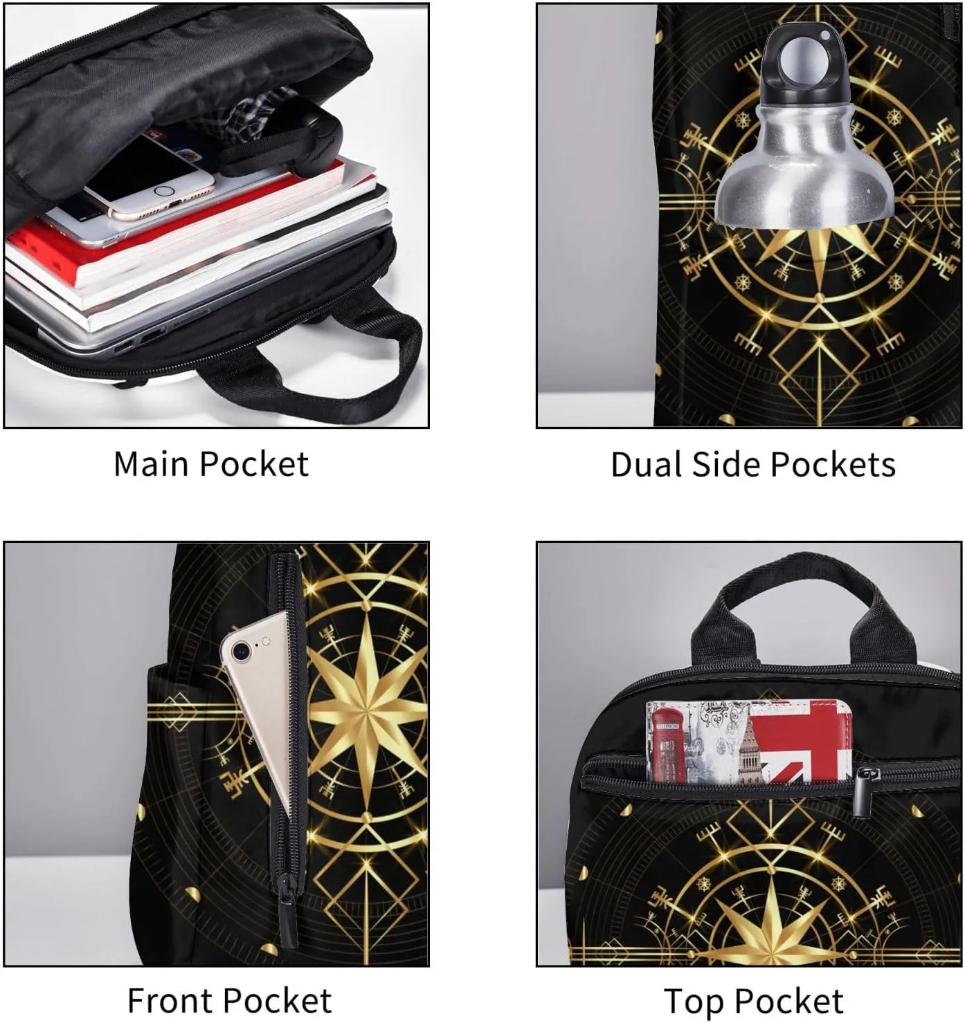 RIMENCH Men's Backpack Multipurpose ancient viking vegvisir art wind rose magic navigation Gold Compass Laptop Backpack Stylish Daypack Durable Book Bags For Sports, Outdoors, Running, Travel, Hiking