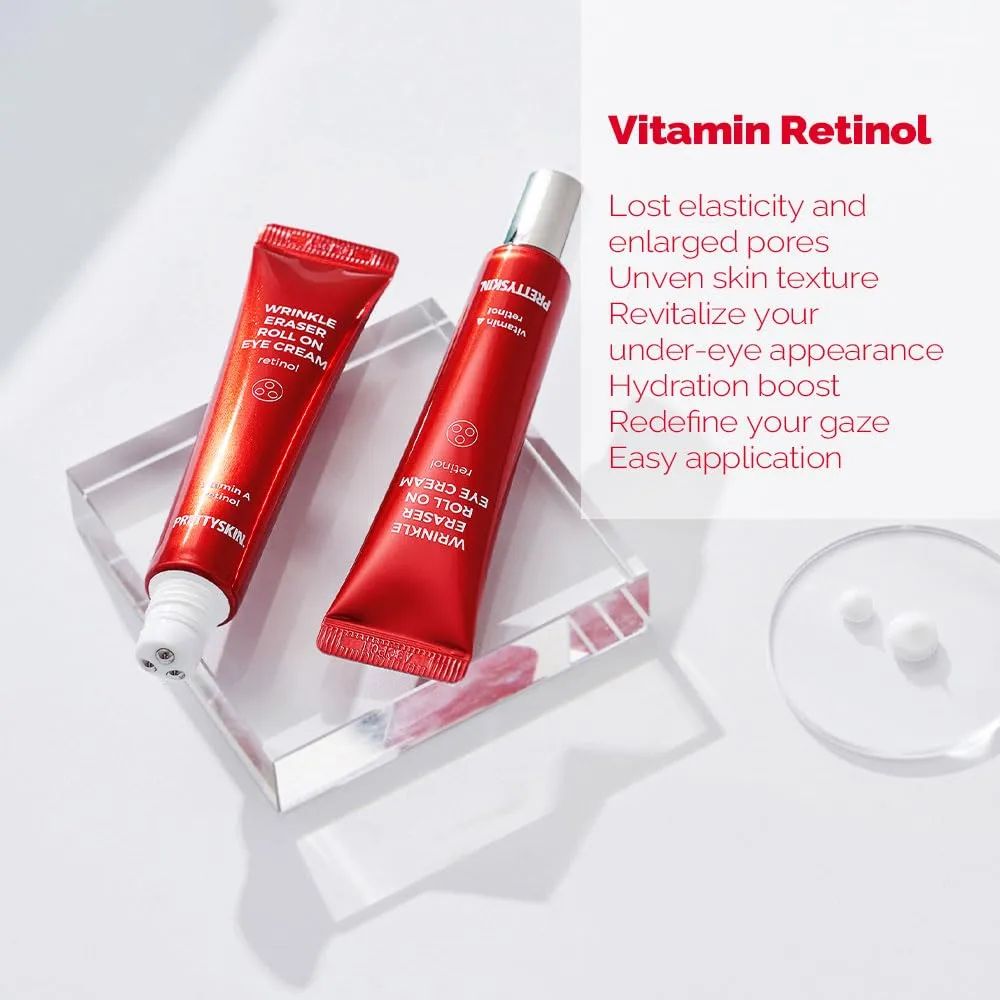 Roll On Eye Cream 30ml/1.01fl.oz. with Vitamin A and Stainless Steel ball Tip for Wrinkle Eraser and Elasticity (Retinol x 2CT)