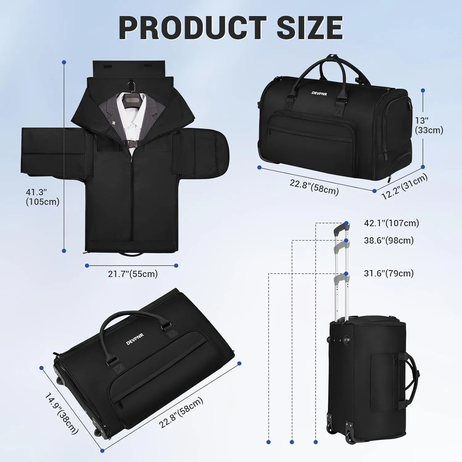 Rolling Garment Bags for Travel, 59L Rolling Duffle Bag with Wheels and Shoe Compartment for Men and Women, 3 in 1 Carry on Convertible Travel Garment Bag with Wheels, Black