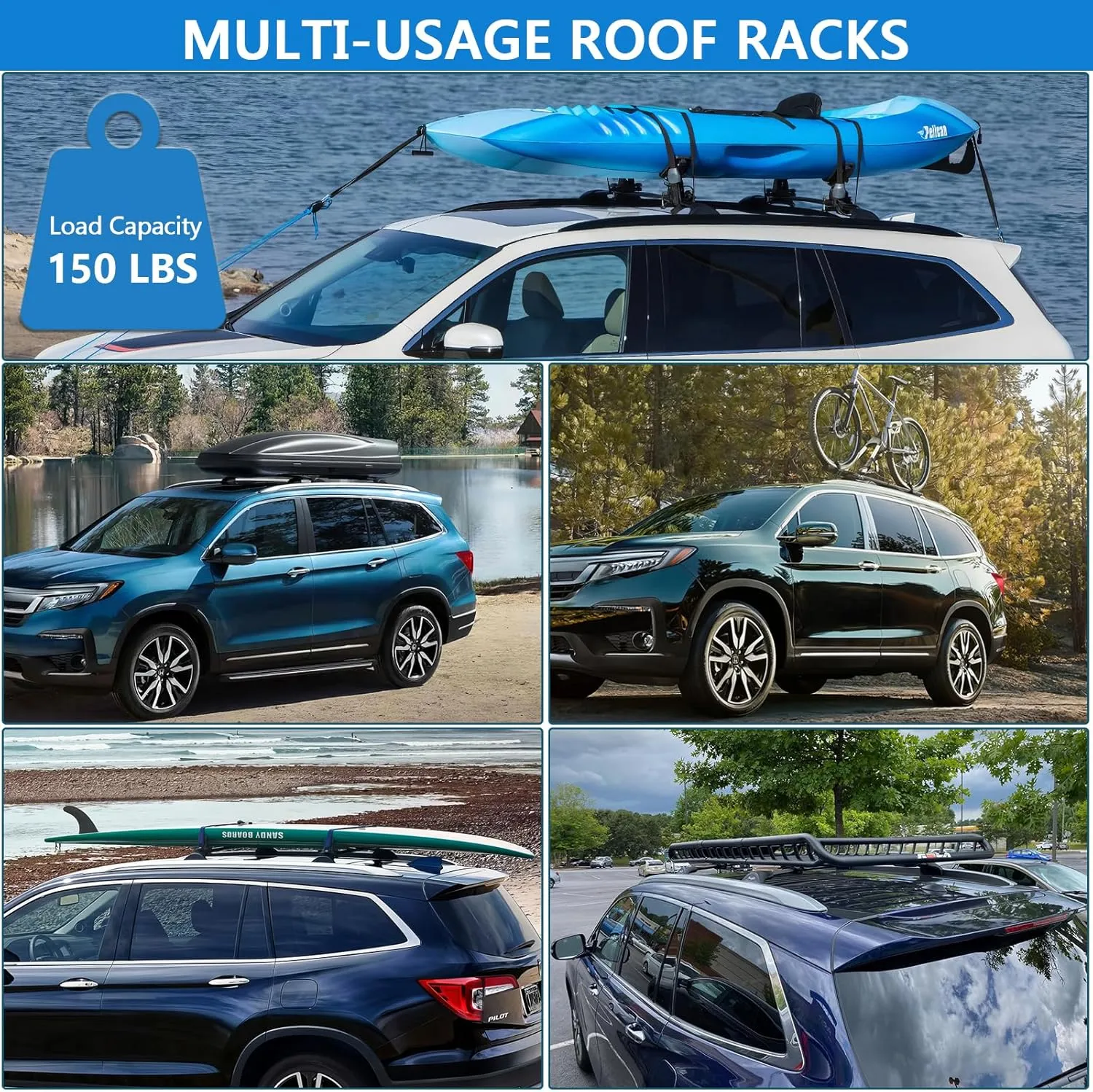 Roof Rack Cross Bars for 2016-2022 Honda Pilot with Flush Side Rails, Aluminum Roof Racks for Rooftop Cargo Carrier Bag Kayak Canoe Bike Snowboard Skiboard