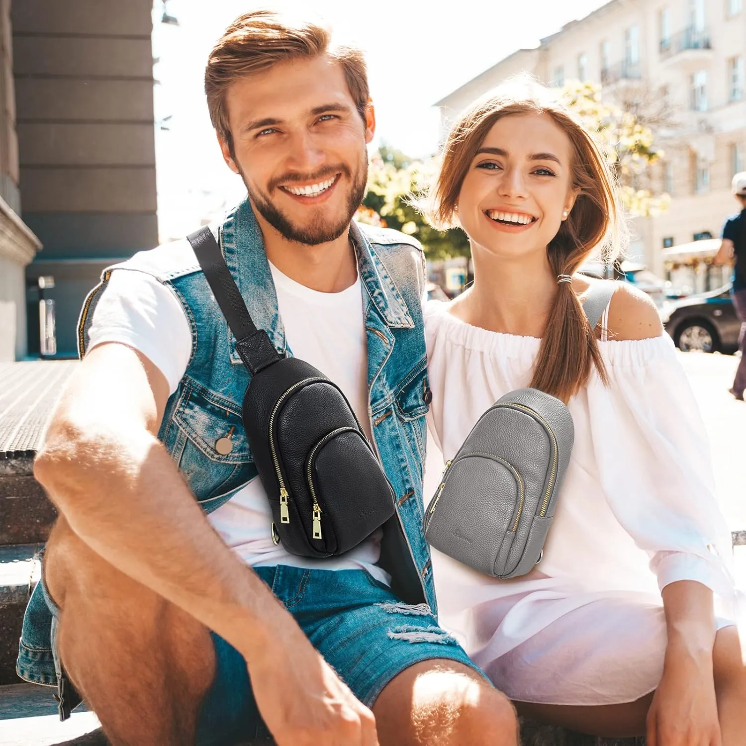 S-ZONE Leather Sling Bag for Women Men RFID Blocking Small Crossbody Sling Backpack Purses Chest Bags Travel Cycling Hiking