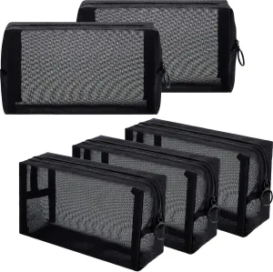Sadnyy 5 Pieces Mesh Makeup Bag Portable Toiletry Bag Travel Mesh Cosmetic Bag Black Breathable Mesh for Accessories Organizer (7.1 x 4 x 2.4 Inch)