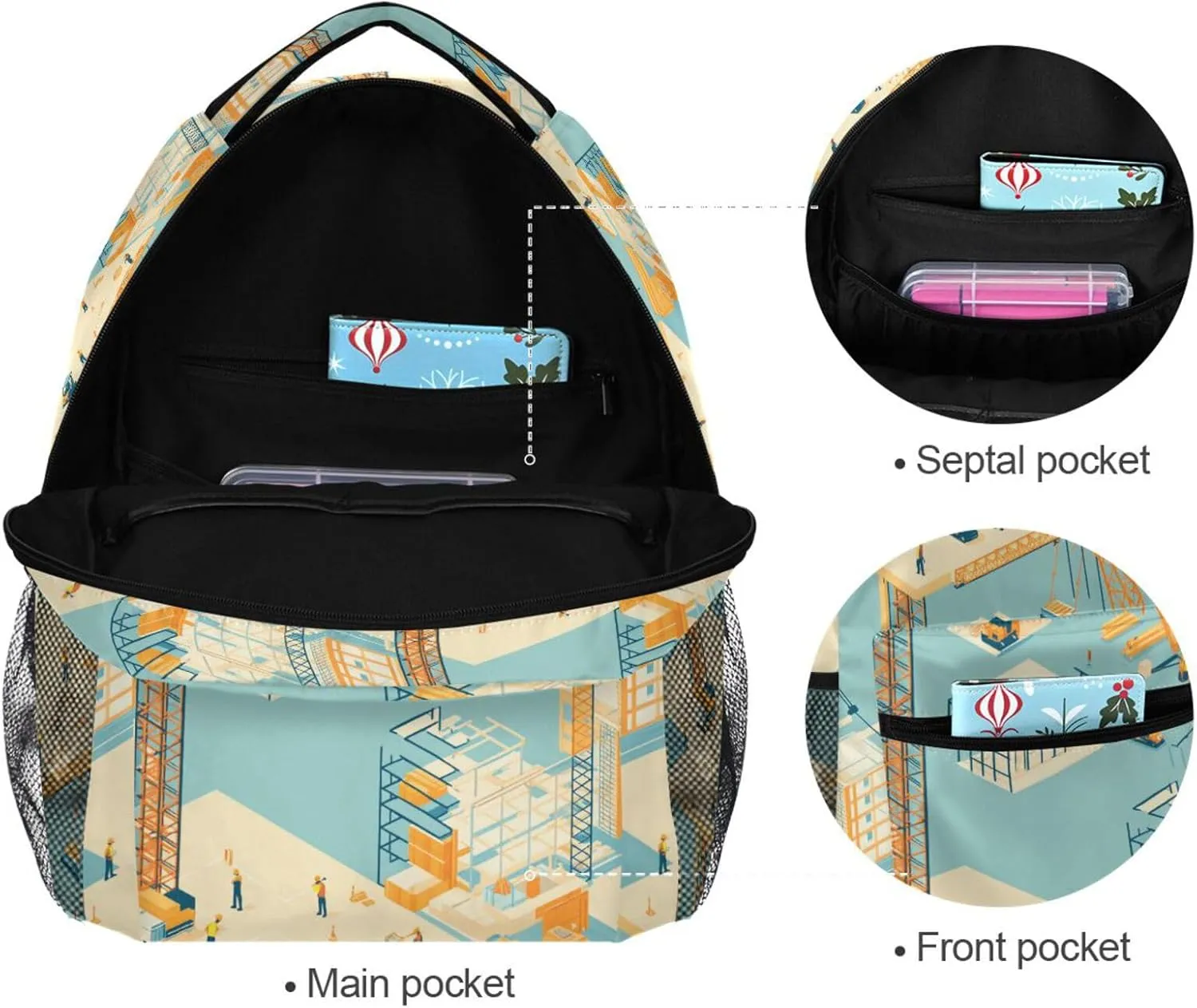 School Backpack for Men Women Fashion School Book Bag with Chest Strap for Business Work College Travel Trip Construction Scene Concrete Mixer Truck Bulldozer