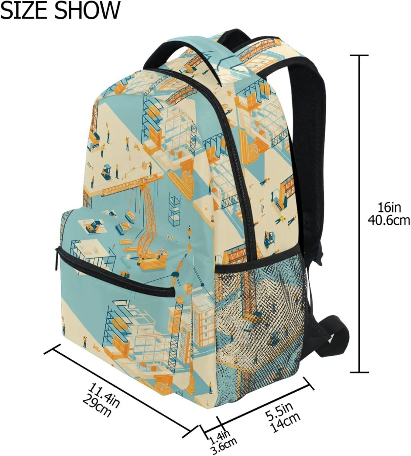 School Backpack for Men Women Fashion School Book Bag with Chest Strap for Business Work College Travel Trip Construction Scene Concrete Mixer Truck Bulldozer