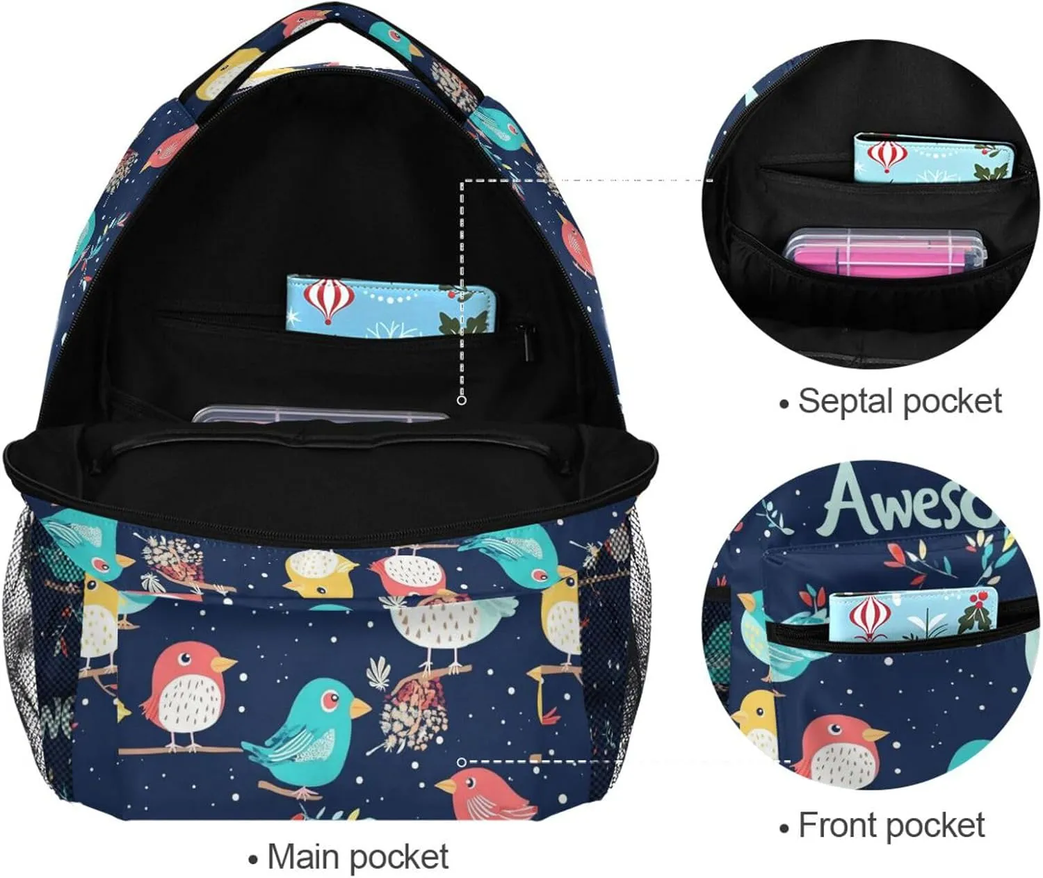 School Backpack for Teenager Waterproof School Book Bag with Chest Strap for College Work Parents' Day Bird Family