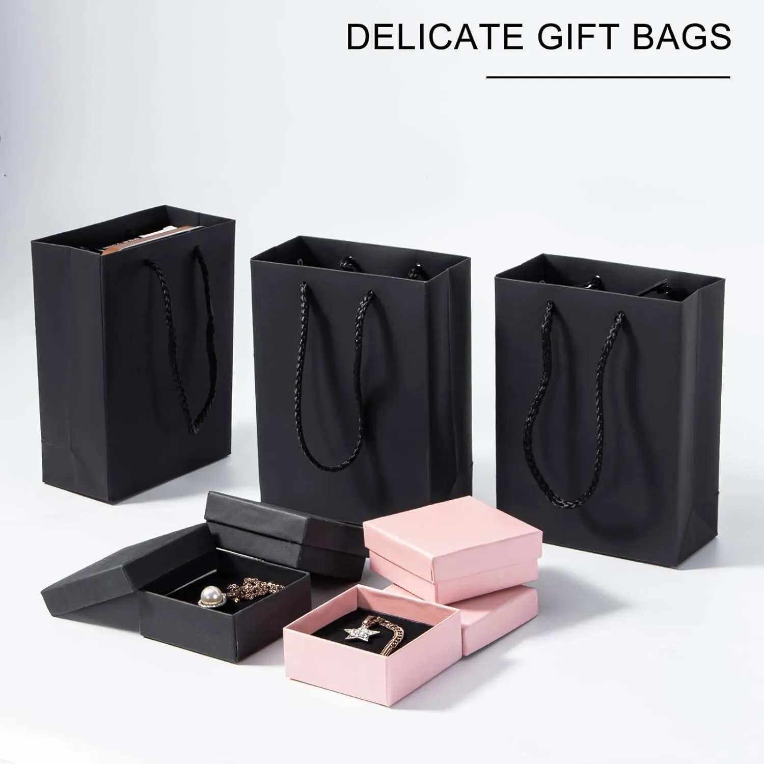 Sdootjewelry Gift Bags, Kraft Paper Gift Bags with Cotton Handle, 50 Pcs Heavy Duty Black Matte Tote Paper Bags,Shopping Bags, Kraft Bags,Retail Bags, Party Bags- 5.1x 2.4 x 7.5" Perfect for Gifts