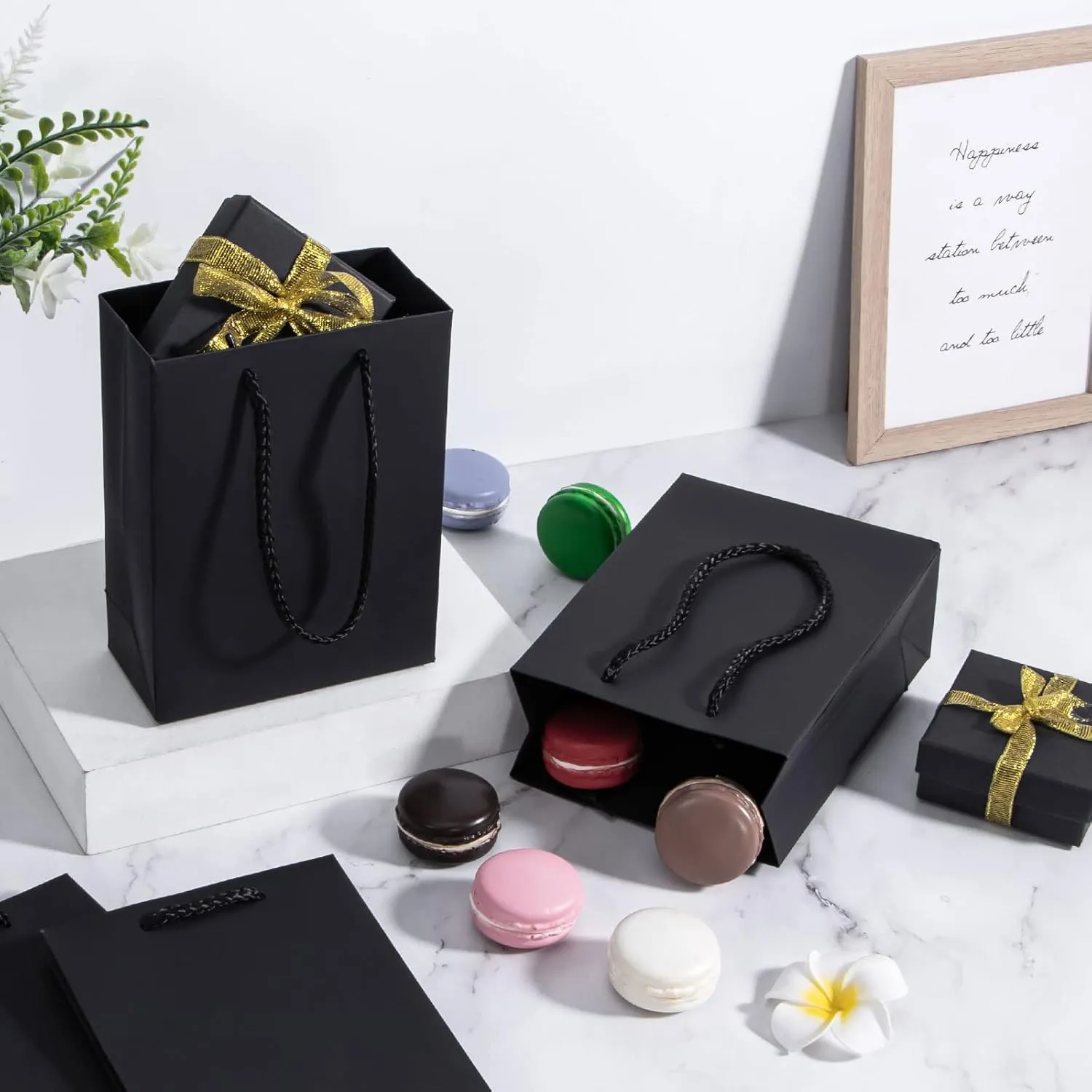 Sdootjewelry Gift Bags, Kraft Paper Gift Bags with Cotton Handle, 50 Pcs Heavy Duty Black Matte Tote Paper Bags,Shopping Bags, Kraft Bags,Retail Bags, Party Bags- 5.1x 2.4 x 7.5" Perfect for Gifts