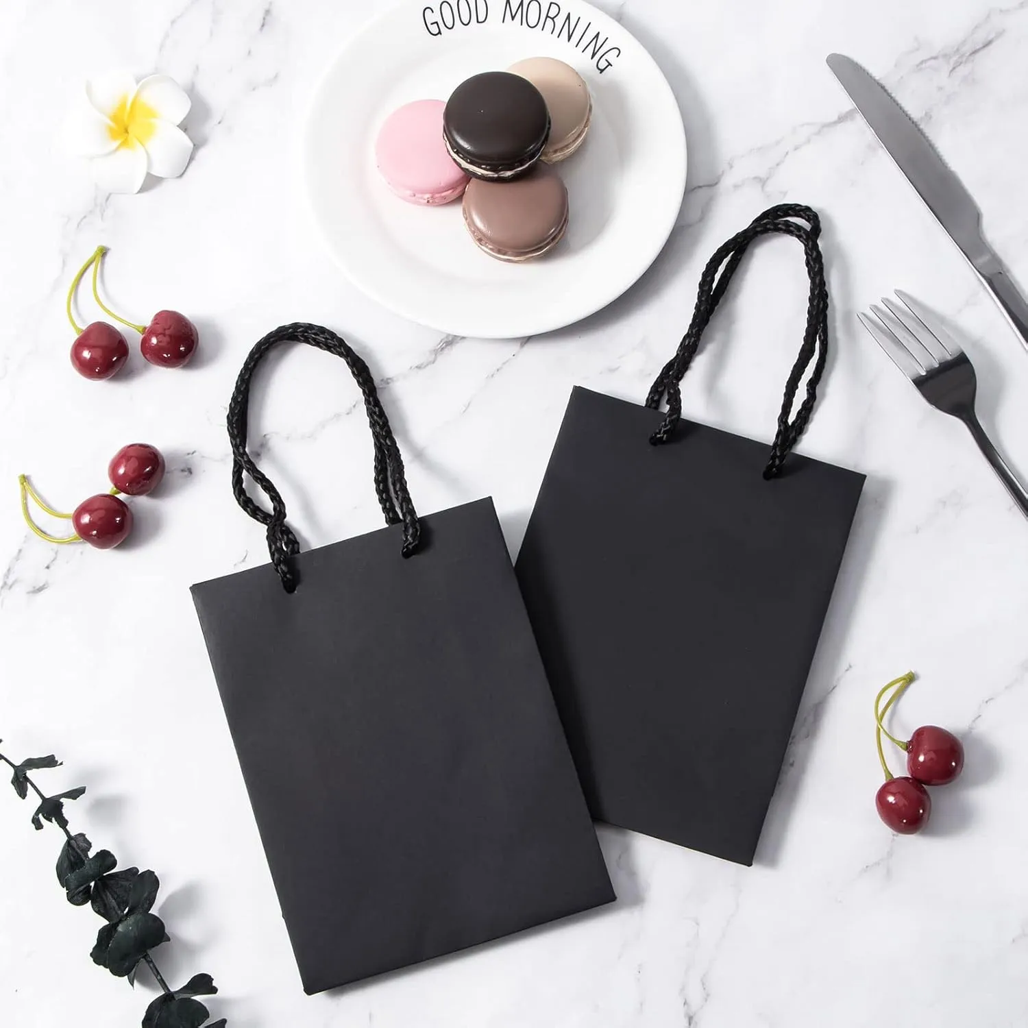 Sdootjewelry Gift Bags, Kraft Paper Gift Bags with Cotton Handle, 50 Pcs Heavy Duty Black Matte Tote Paper Bags,Shopping Bags, Kraft Bags,Retail Bags, Party Bags- 5.1x 2.4 x 7.5" Perfect for Gifts