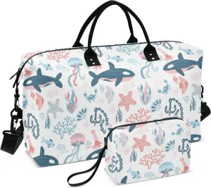 Sea Food Fishes Travel Duffle Bag Weekender Bags Quilt Gym Bag Carry On Bag Overnight Bag with Make Up Bag for Women Trip Airplane Ladies Travel Essentials Gifts