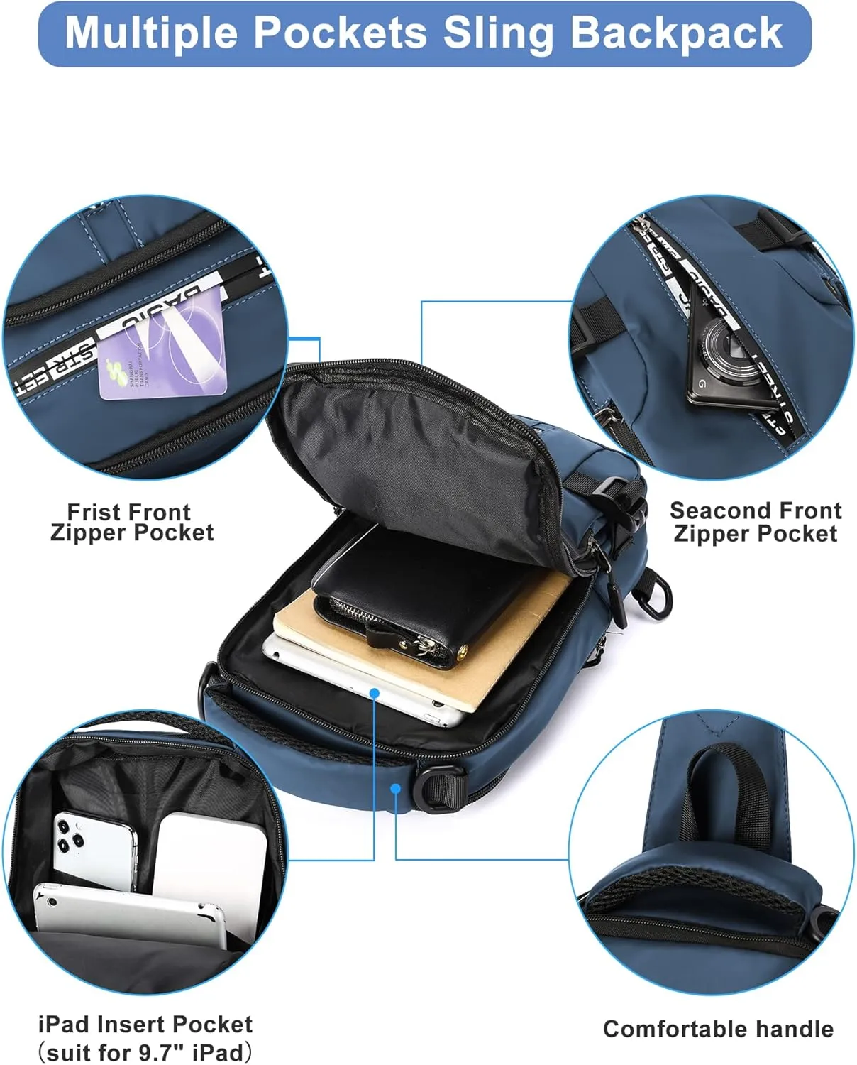 SEAFEW Blue Sling Crossbody Backpack Shoulder Messenger Bag for Men, Mini Anti Theft One Strap Motorcycle Backpack Sling Tactical Chest Bag for Hiking Walking Biking Travel Cycling