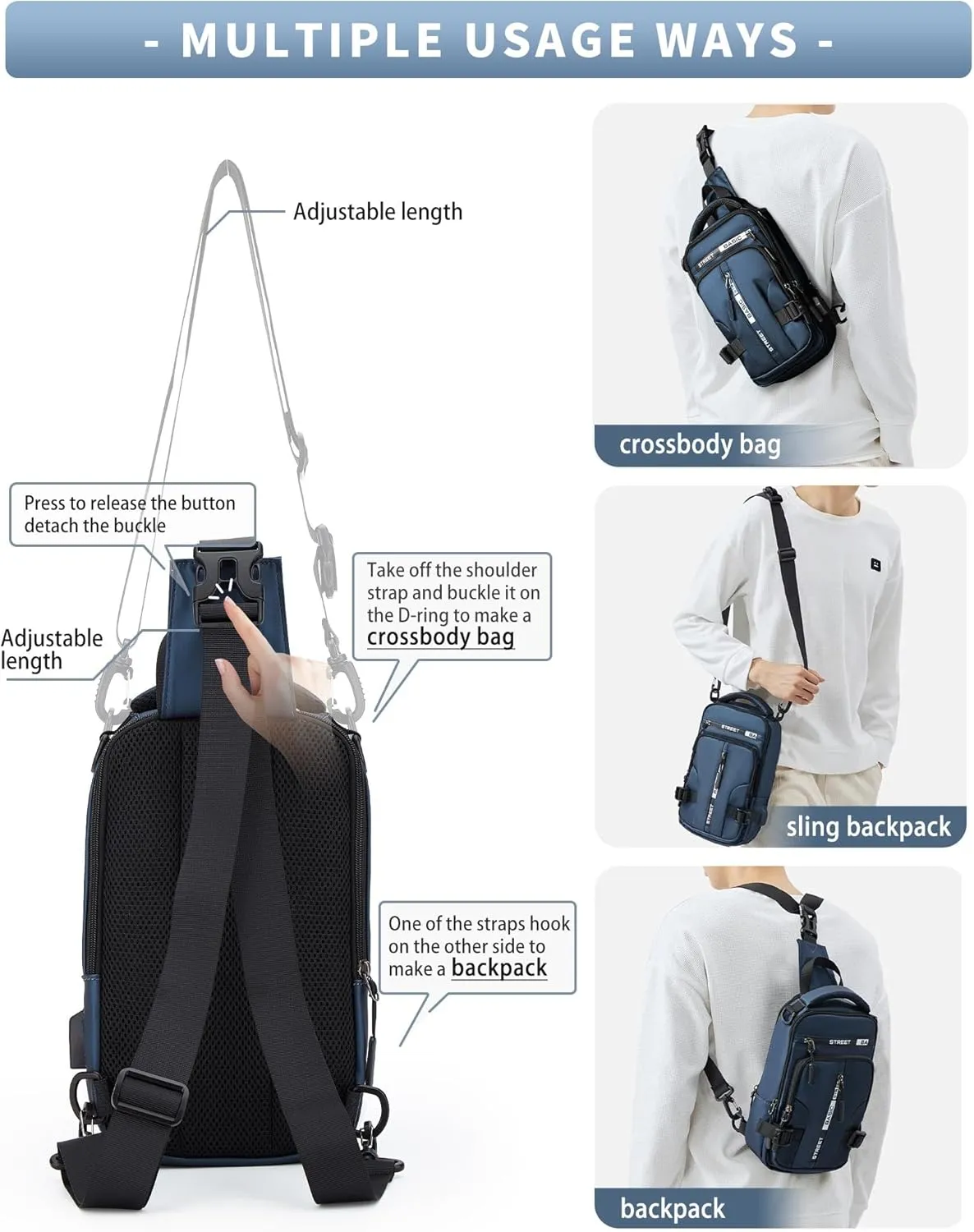 SEAFEW Blue Sling Crossbody Backpack Shoulder Messenger Bag for Men, Mini Anti Theft One Strap Motorcycle Backpack Sling Tactical Chest Bag for Hiking Walking Biking Travel Cycling