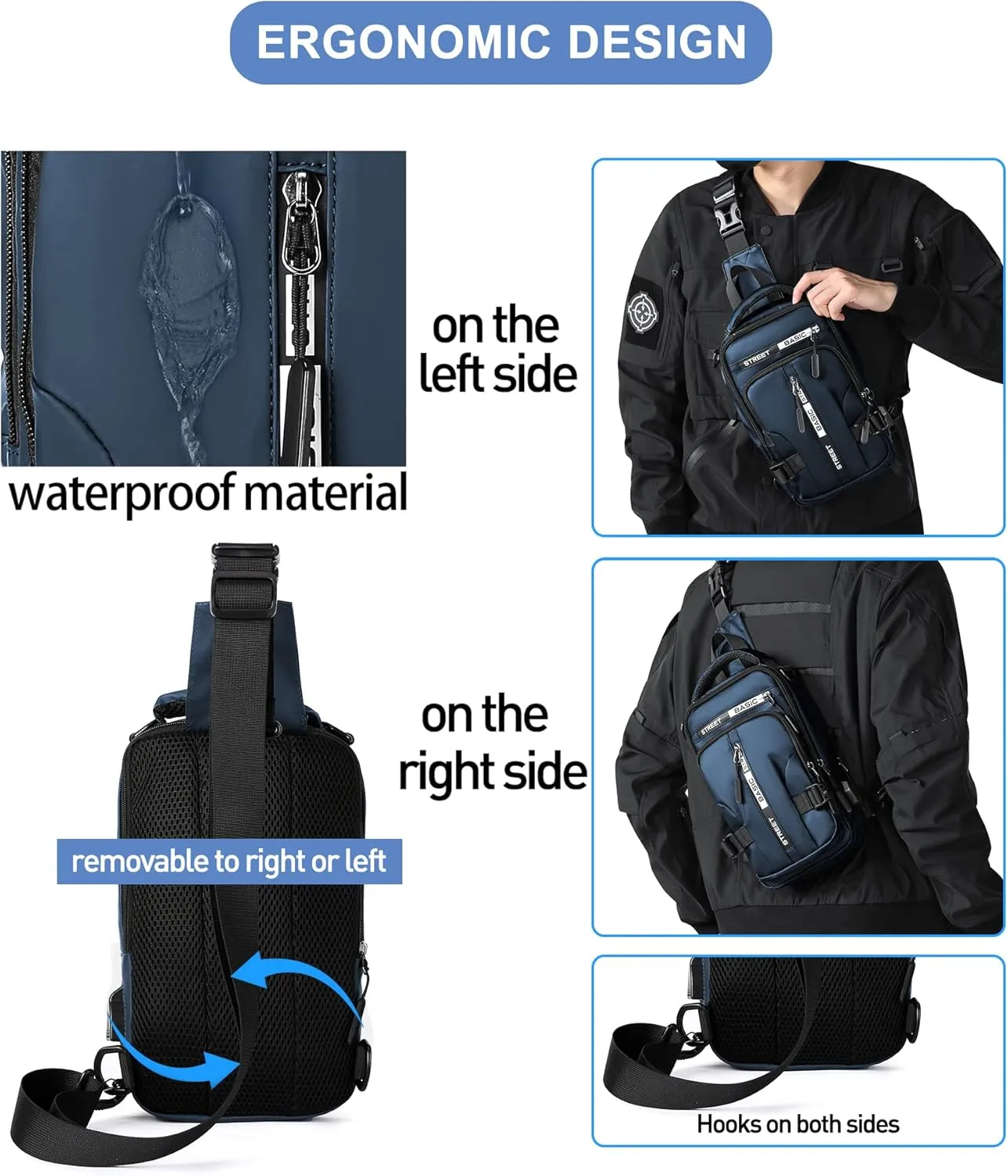 SEAFEW Blue Sling Crossbody Backpack Shoulder Messenger Bag for Men, Mini Anti Theft One Strap Motorcycle Backpack Sling Tactical Chest Bag for Hiking Walking Biking Travel Cycling