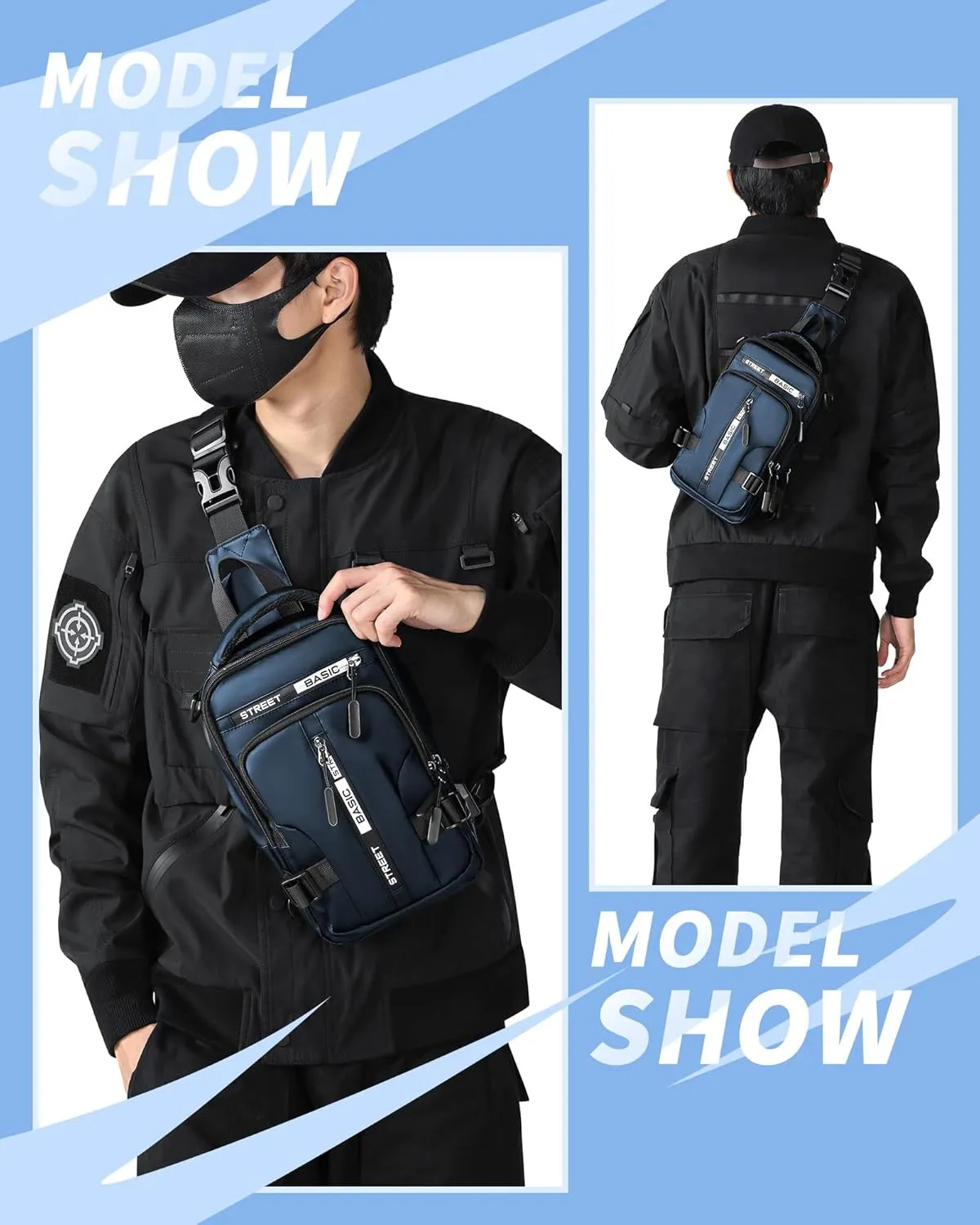 SEAFEW Blue Sling Crossbody Backpack Shoulder Messenger Bag for Men, Mini Anti Theft One Strap Motorcycle Backpack Sling Tactical Chest Bag for Hiking Walking Biking Travel Cycling