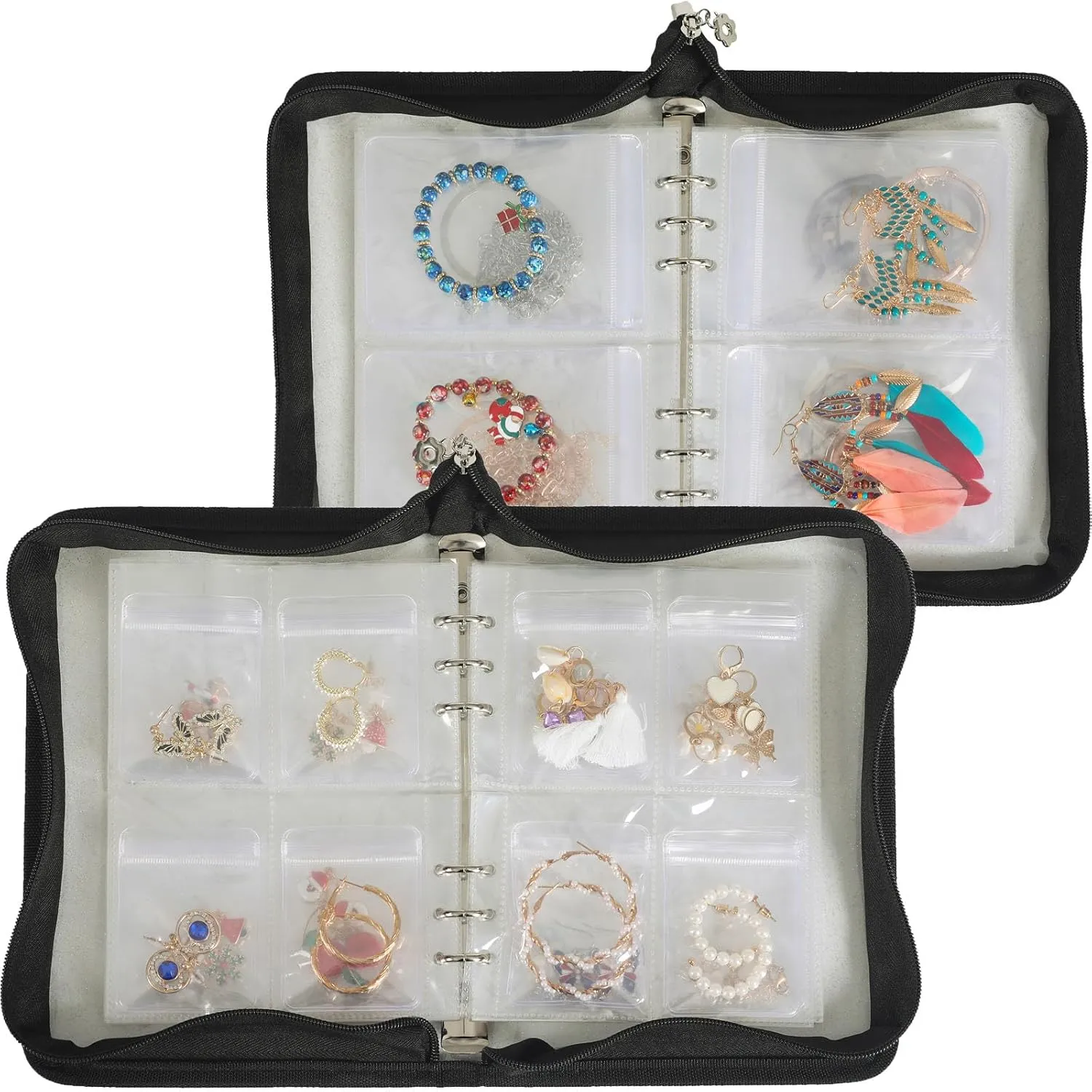 Set 2 Clear Jewelry Book Organizer Travel Earring Storage Book Transparent Jewelry Storage Book with Zipper, Black