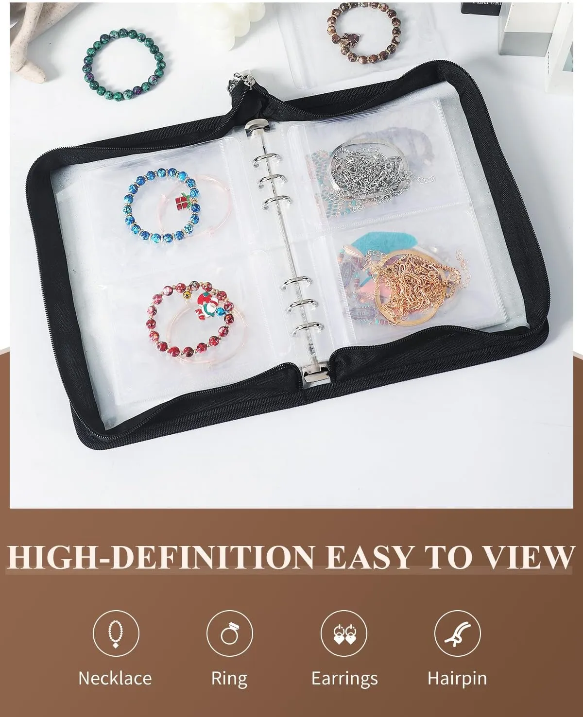 Set 2 Clear Jewelry Book Organizer Travel Earring Storage Book Transparent Jewelry Storage Book with Zipper, Black