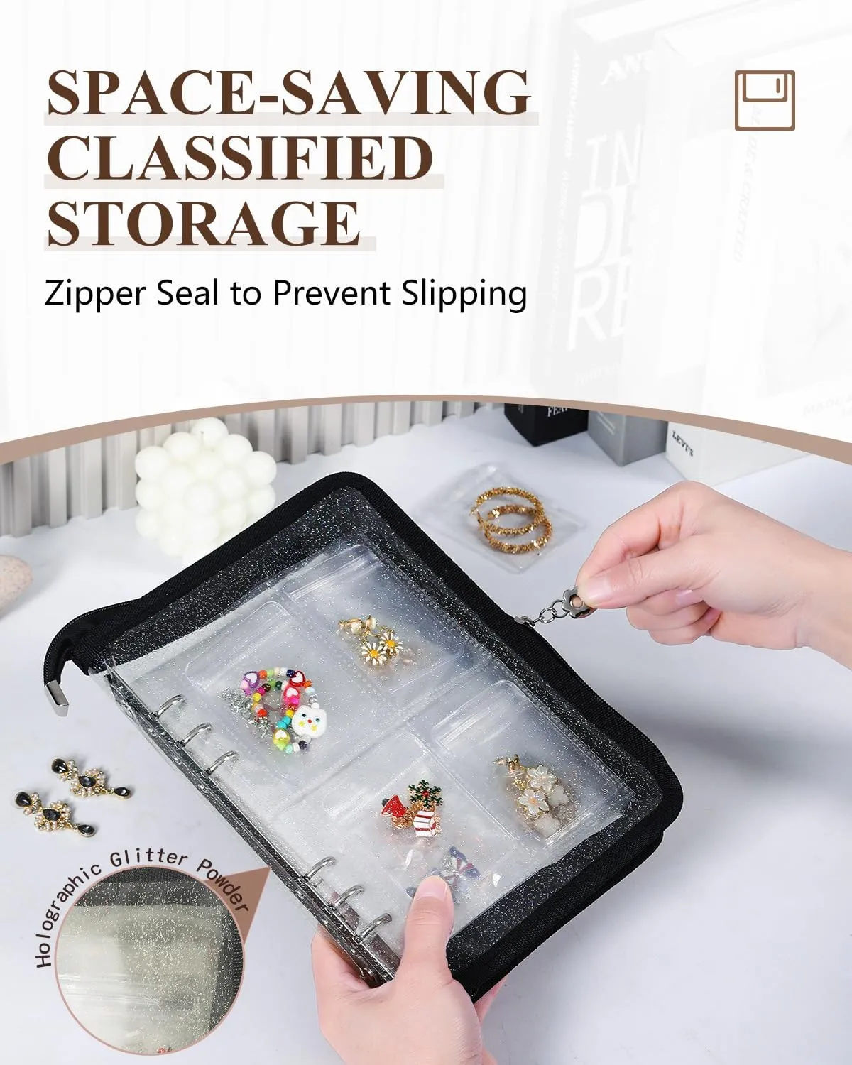 Set 2 Clear Jewelry Book Organizer Travel Earring Storage Book Transparent Jewelry Storage Book with Zipper, Black