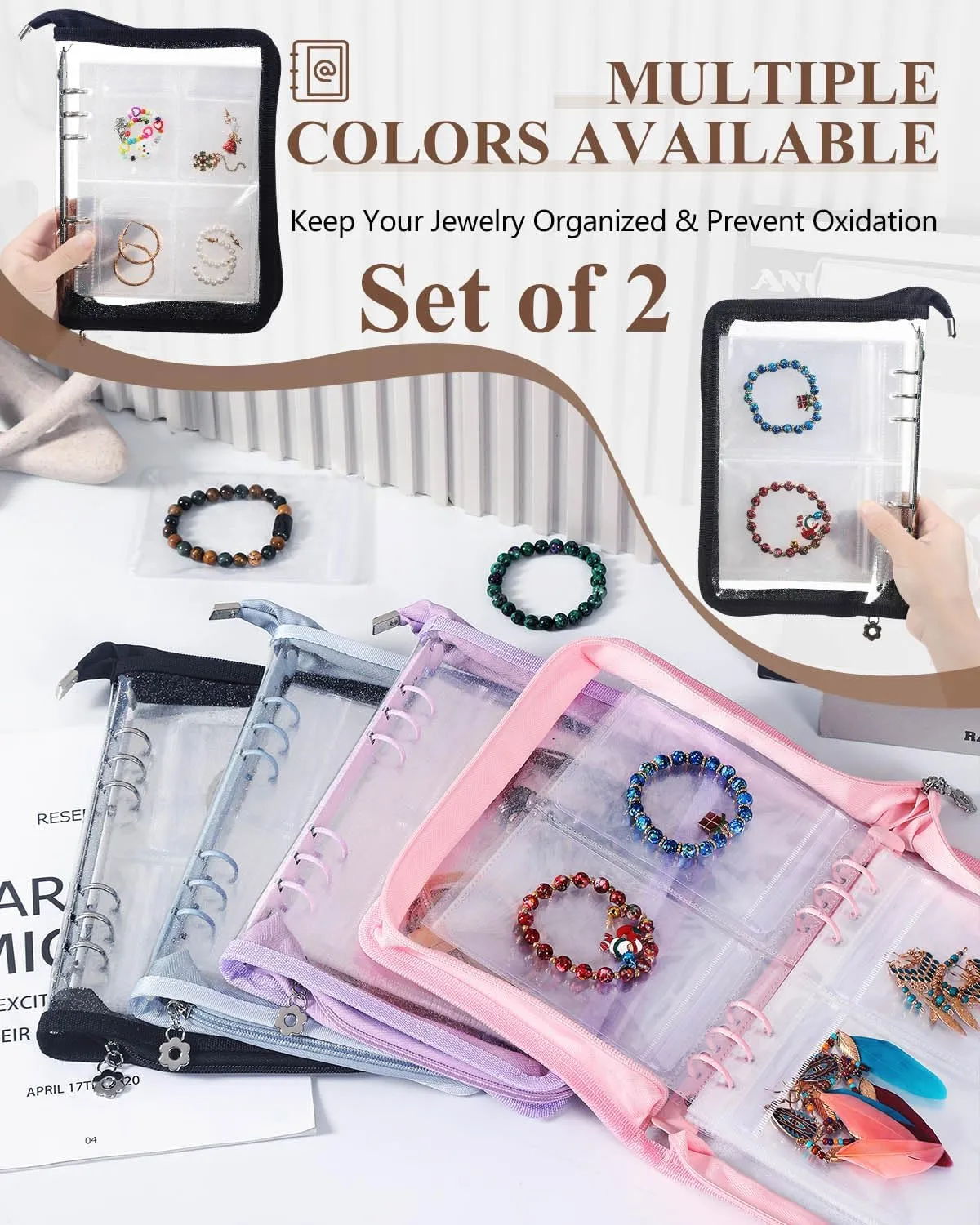Set 2 Clear Jewelry Book Organizer Travel Earring Storage Book Transparent Jewelry Storage Book with Zipper, Black