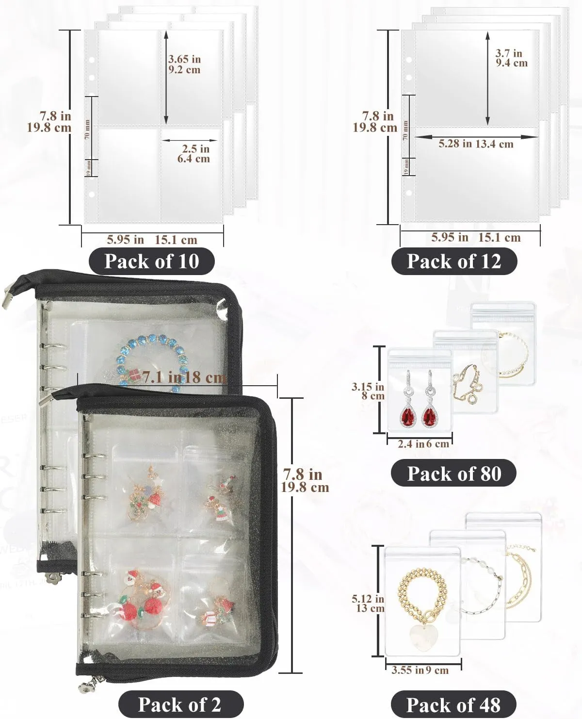 Set 2 Clear Jewelry Book Organizer Travel Earring Storage Book Transparent Jewelry Storage Book with Zipper, Black
