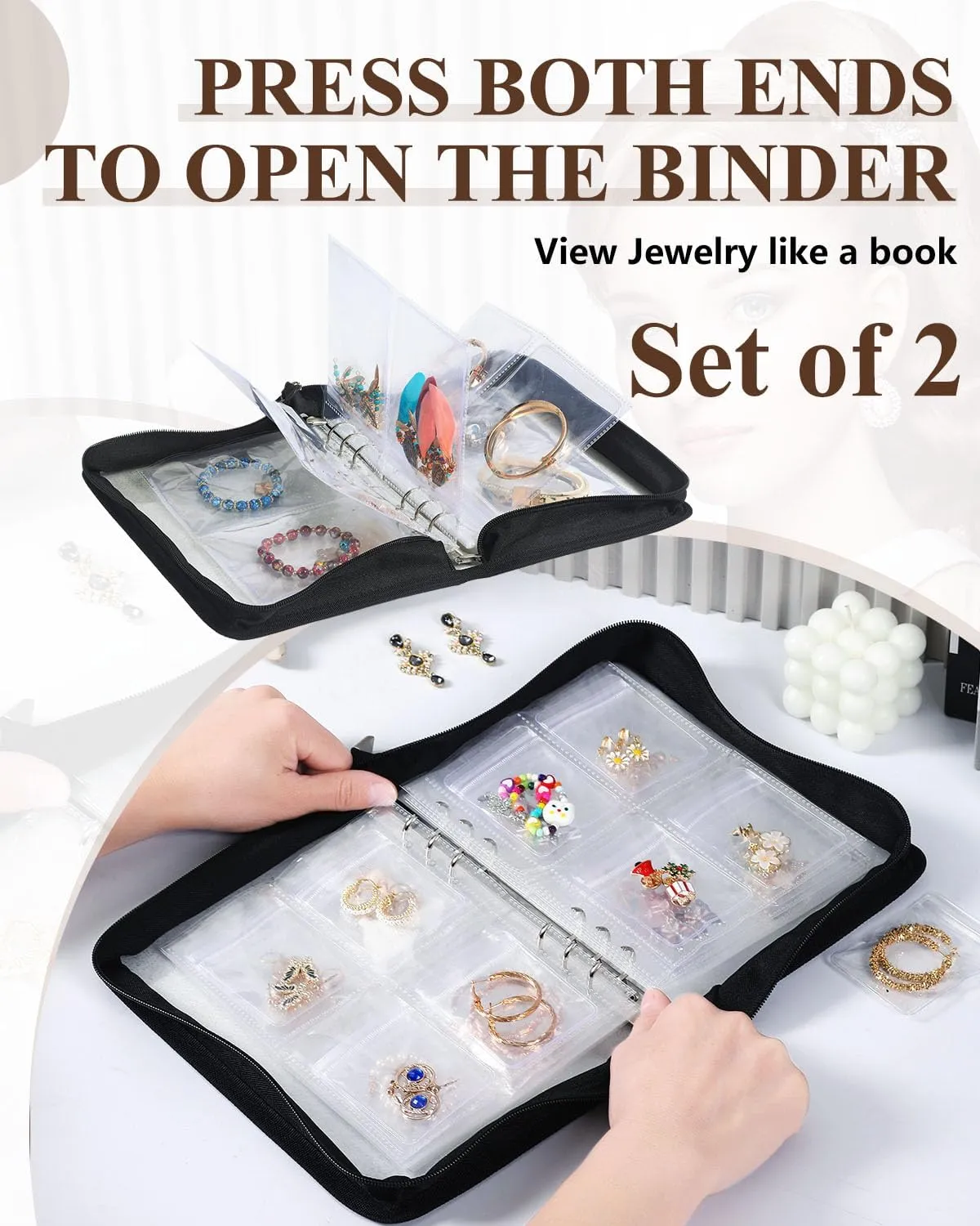 Set 2 Clear Jewelry Book Organizer Travel Earring Storage Book Transparent Jewelry Storage Book with Zipper, Black